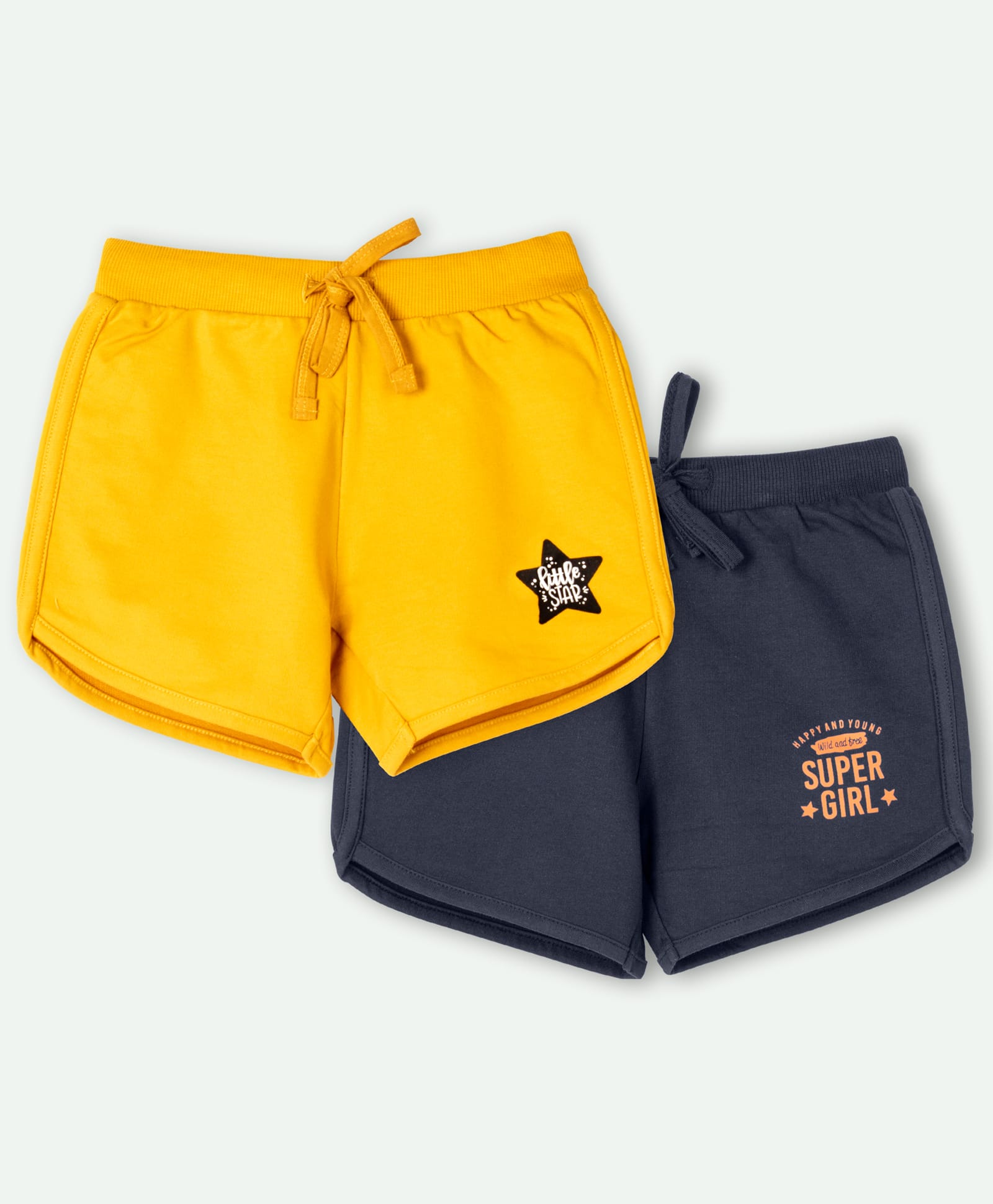 Ariel Cotton Knit Pack Of 2 Little Star & Super Girl Text Printed Shorts - Navy Blue & Yellow-picture-10