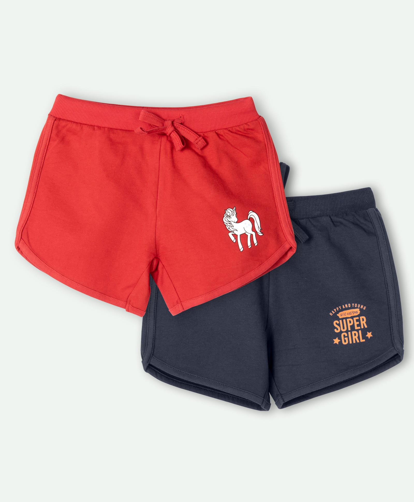 Ariel Cotton Knit Pack Of 2 Unicorn & Super Girl Text Printed Shorts - Navy Blue & Red-picture-27