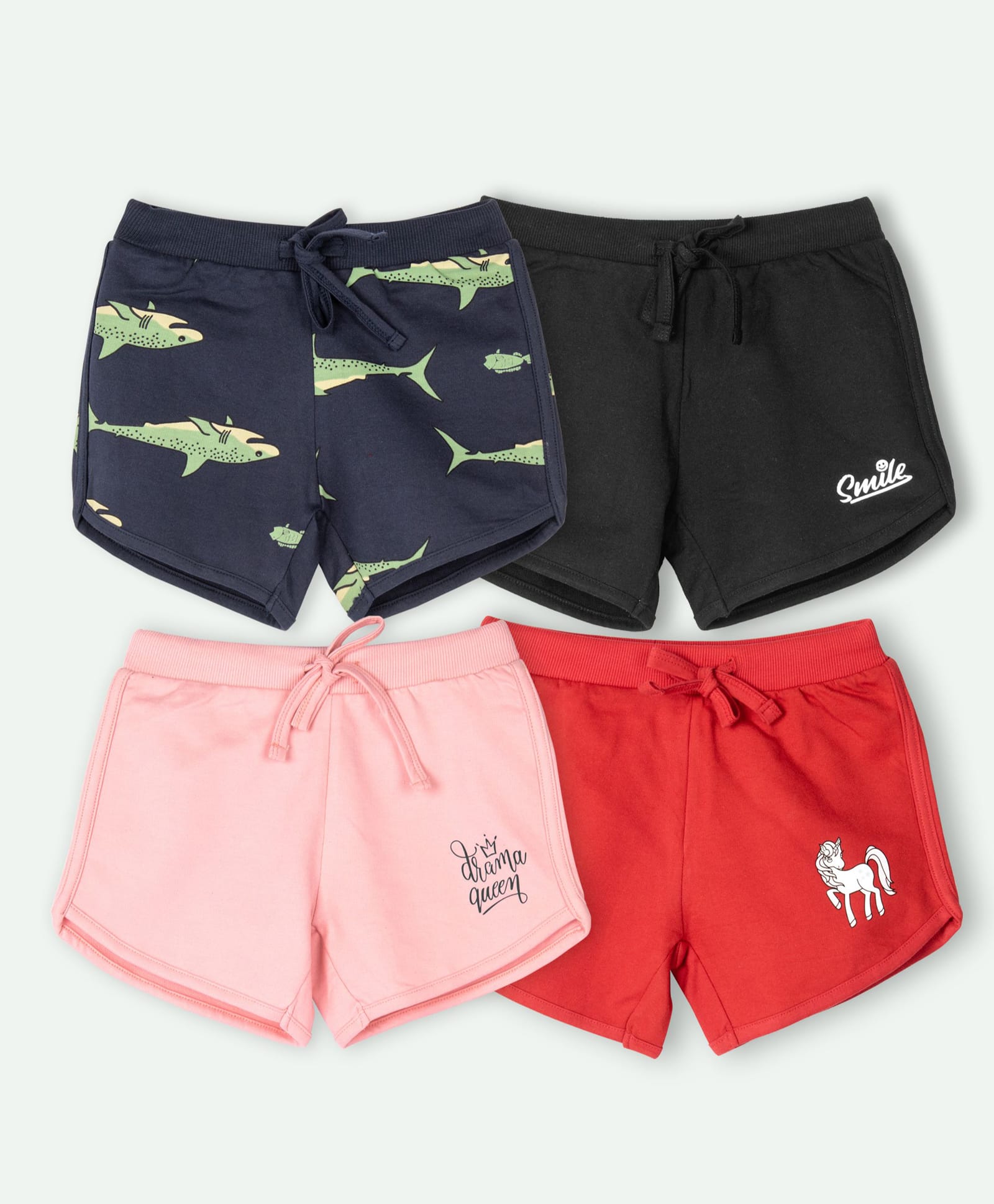 Ariel Cotton Knit Pack Of 4 Shark Unicorn & Typography Printed Shorts - Navy Blue Black & Pink-picture-25