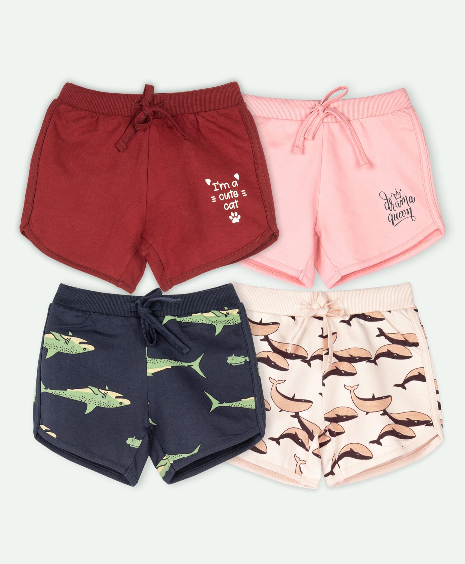 Ariel Cotton Knit Pack Of 4 Shark Whale & Typography Printed Shorts - Maroon Pink Navy Blue & Peach-picture-16