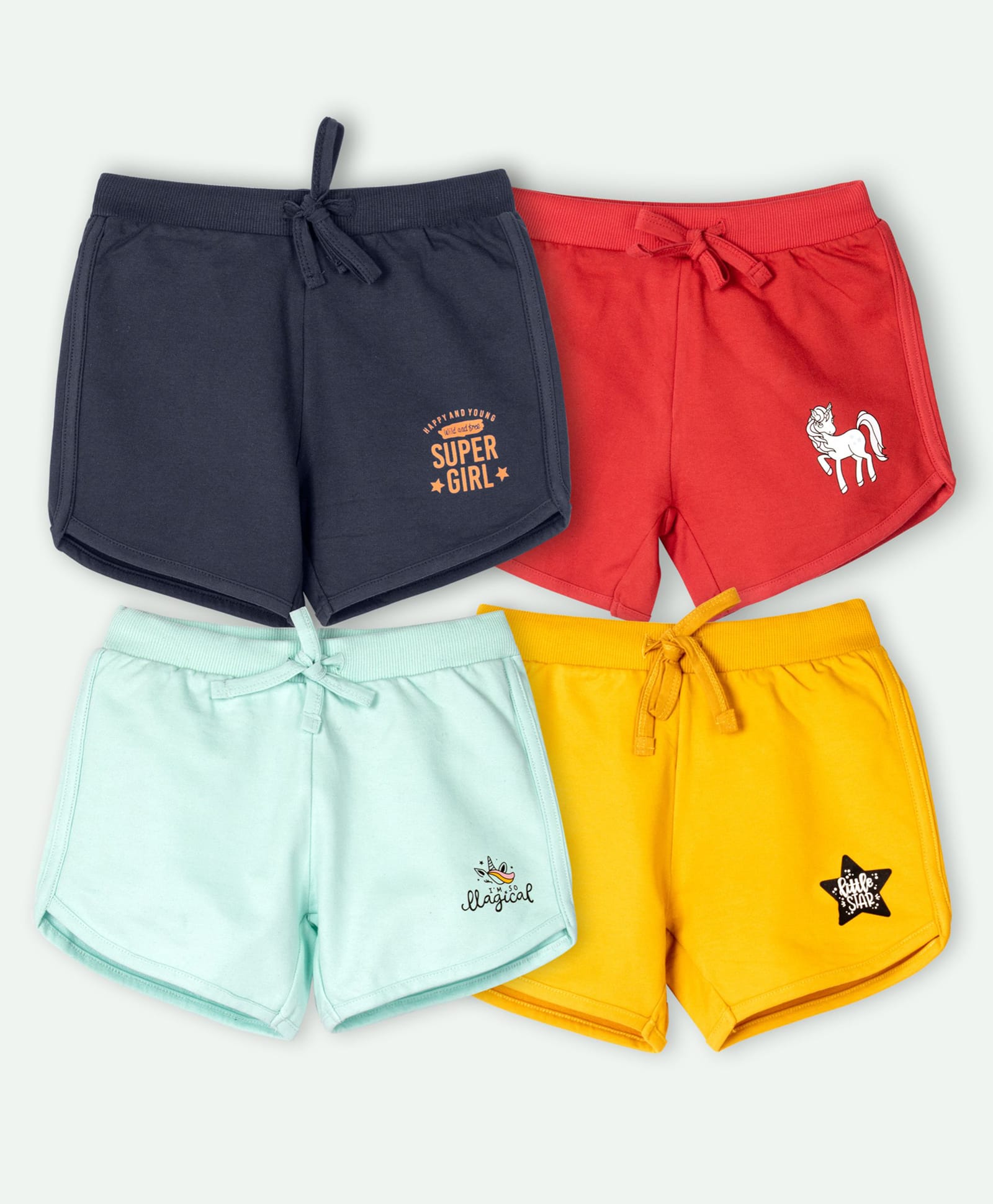 Ariel Cotton Knit Pack Of 4 Unicorn & Typography Printed Shorts - Navy Blue Red Sky Blue & Yellow-image-24