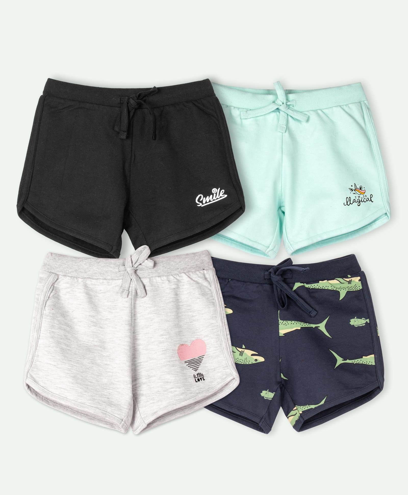 Ariel Cotton Knit Pack Of 4 Shark & Typography Printed Shorts - Black Sky Blue Grey & Navy Blue-picture-23