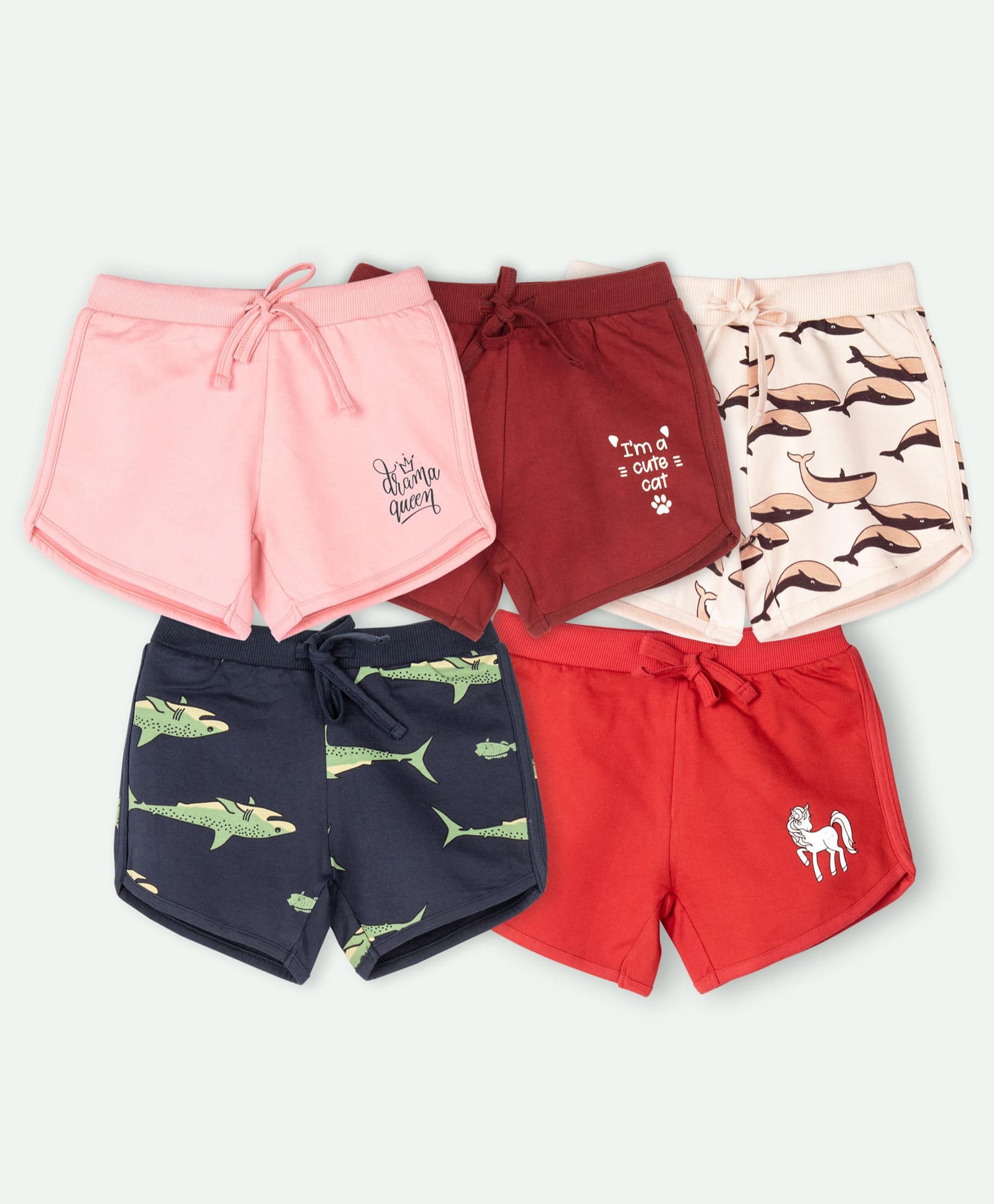 Ariel Cotton Knit Pack Of 5 Shark Unicorn Whale & Typography Printed Shorts - Pink Maroon Peach Navy Blue & Red-picture-14
