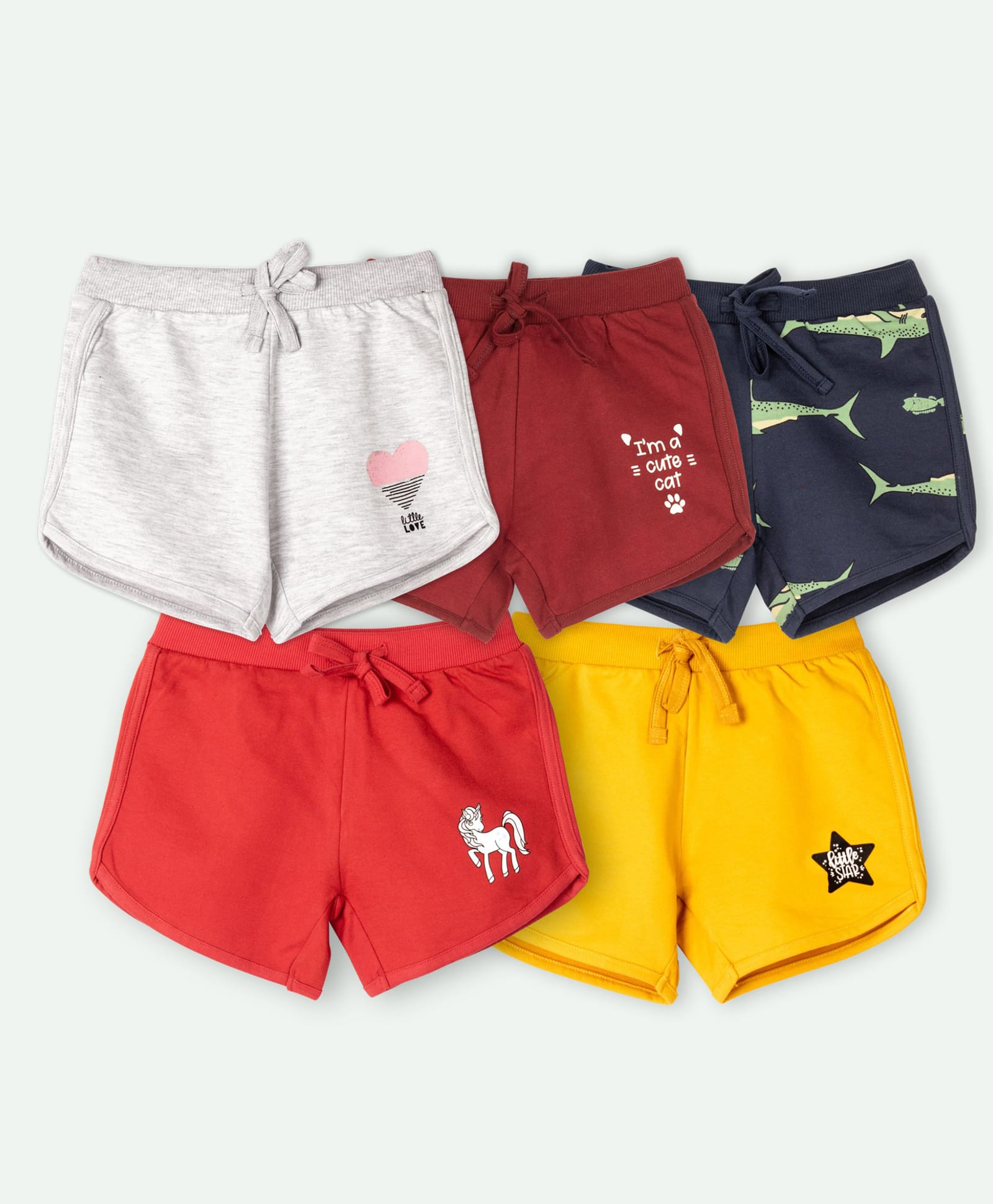 Ariel Cotton Knit Pack Of 5 Shark Unicorn & Typography Printed Shorts - Grey Maroon Navy Blue Red & Yellow-picture-29