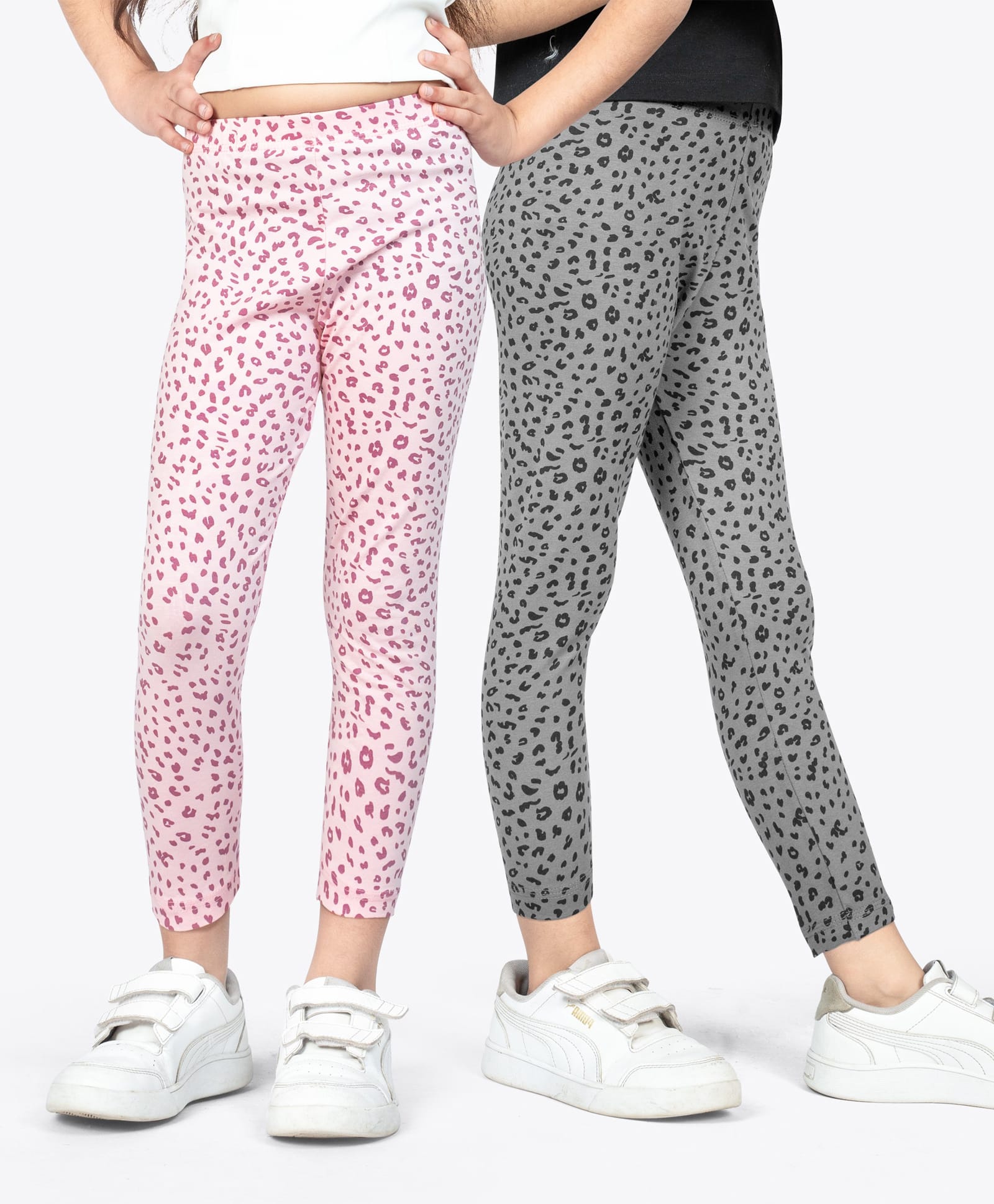 Ariel Cotton Knit Pack Of 2 Leopard Printed Leggings - Grey & Pink-image-49