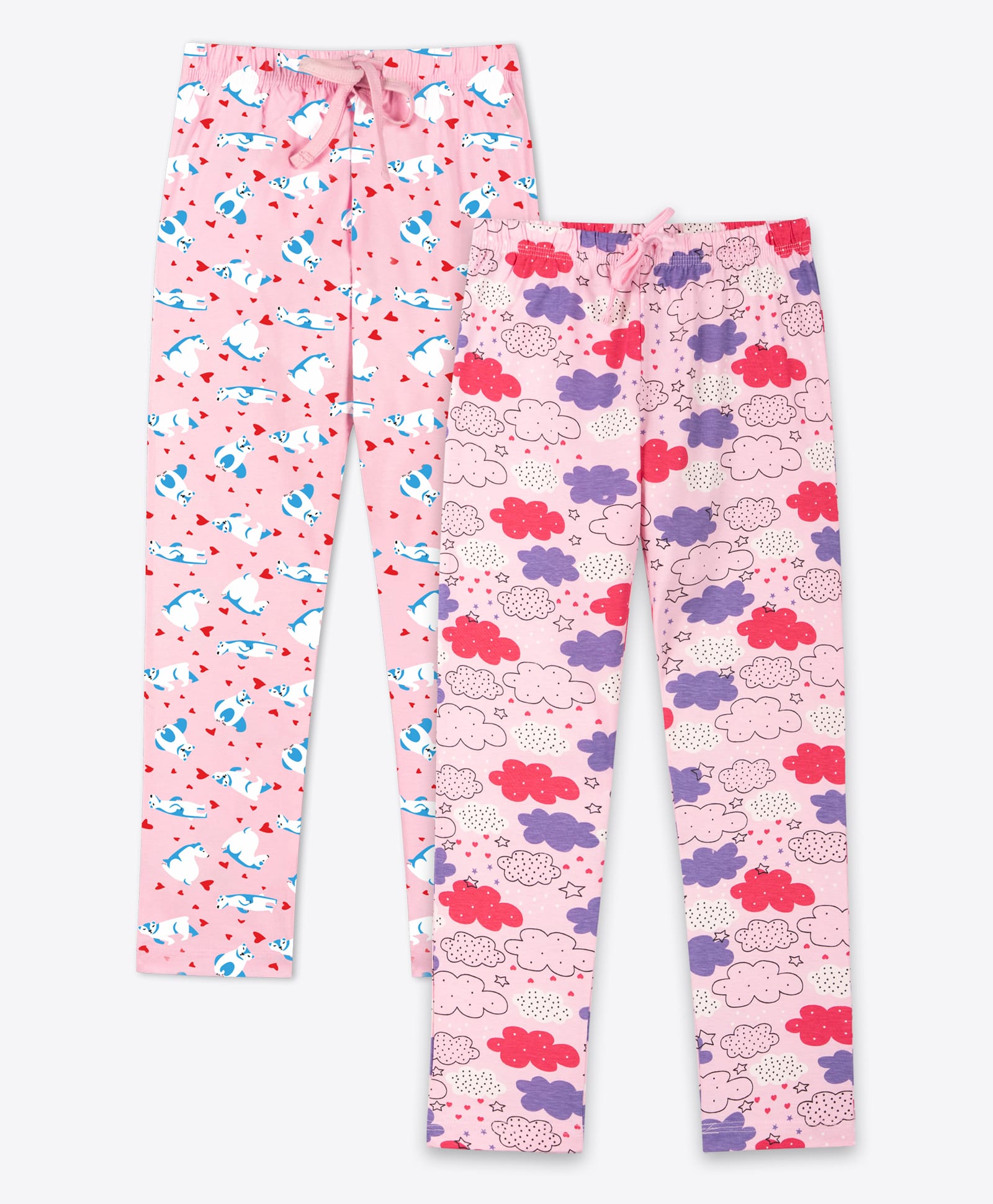 Ariel Cotton Knit Pack Of 2 Bear & Clouds Printed Pajamas - Pink & Red-picture-12