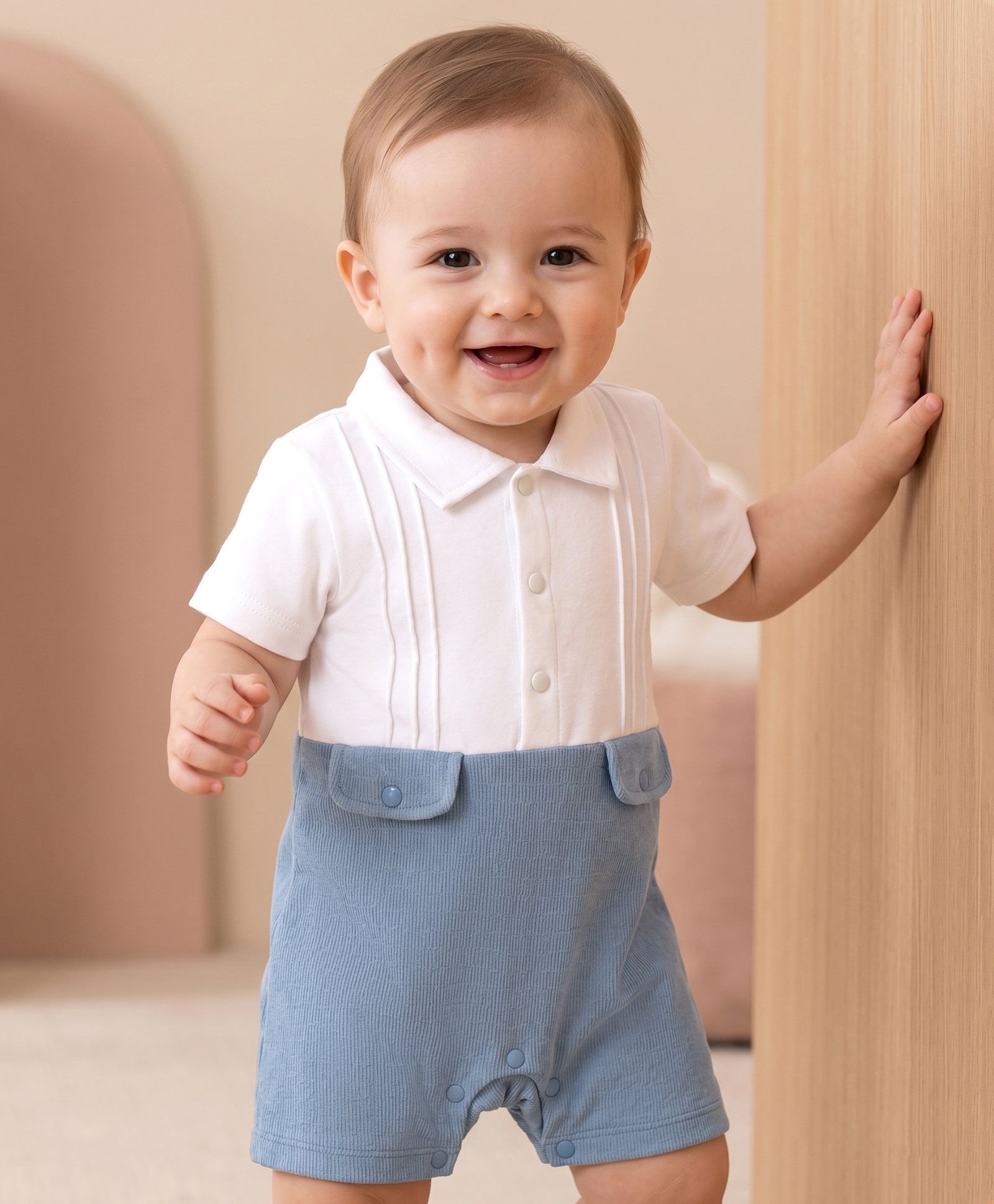 Babyoye 100% Cotton Knit Half Sleeves Striped Romper with Teddy Print - Light Blue-image-25