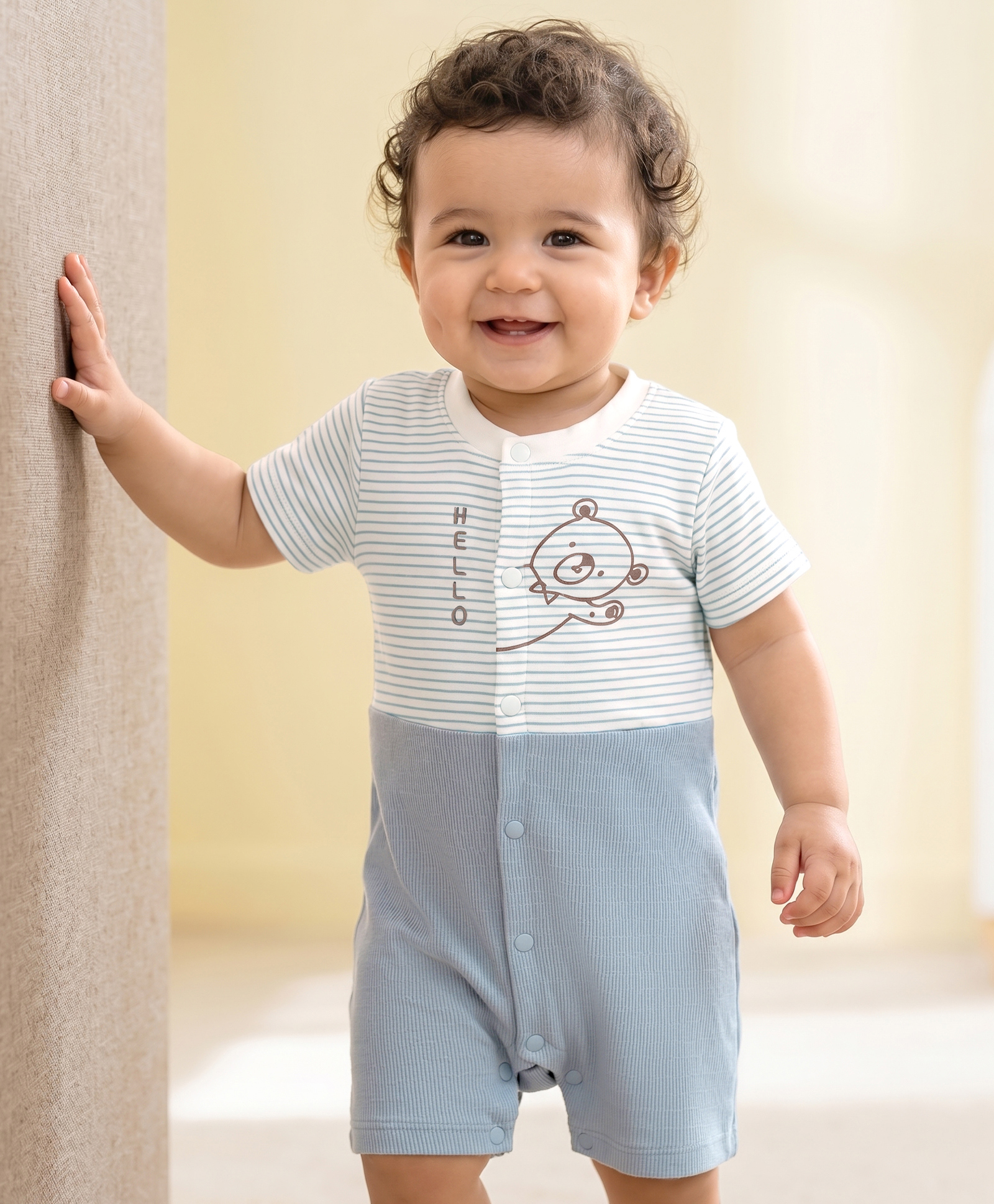 Babyoye 100% Cotton Interlock Knit Half Sleeves Collar Neck Romper - Light Blue-image-28