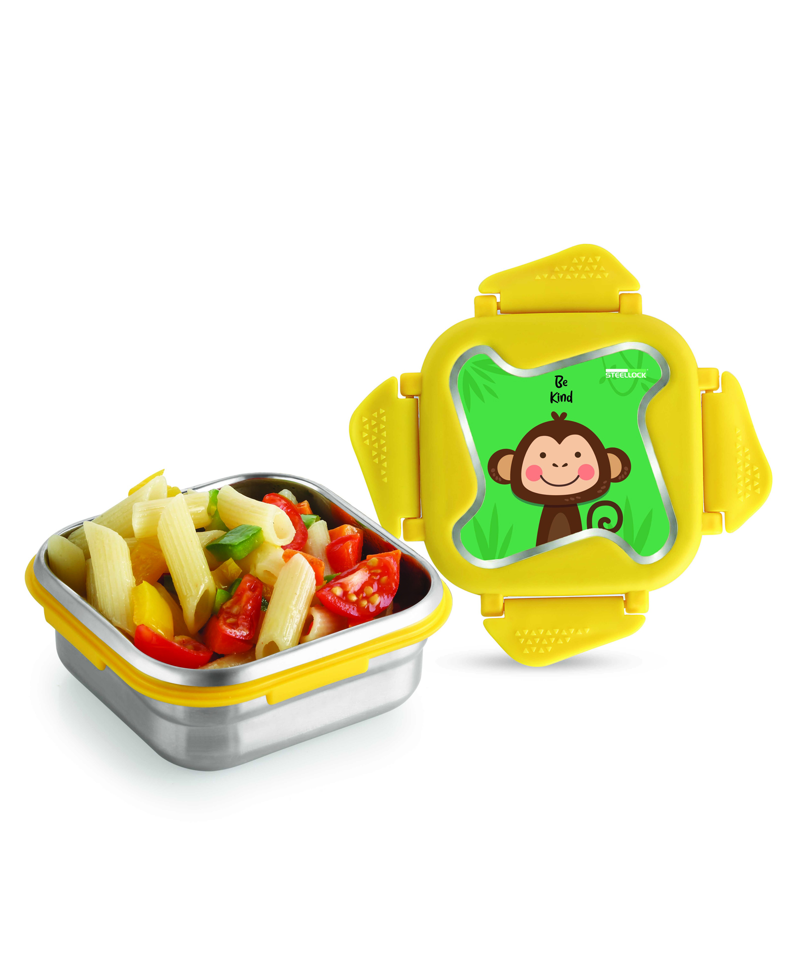 Steellock Smart Kids Stainless Steel Lunch Box, Leakproof & Airtight Tiffin Box for School Boys & Girls, BPA Free Food Grade with 4-Side Clip Lock | 360 ML | Yellow, Monkey-image-49