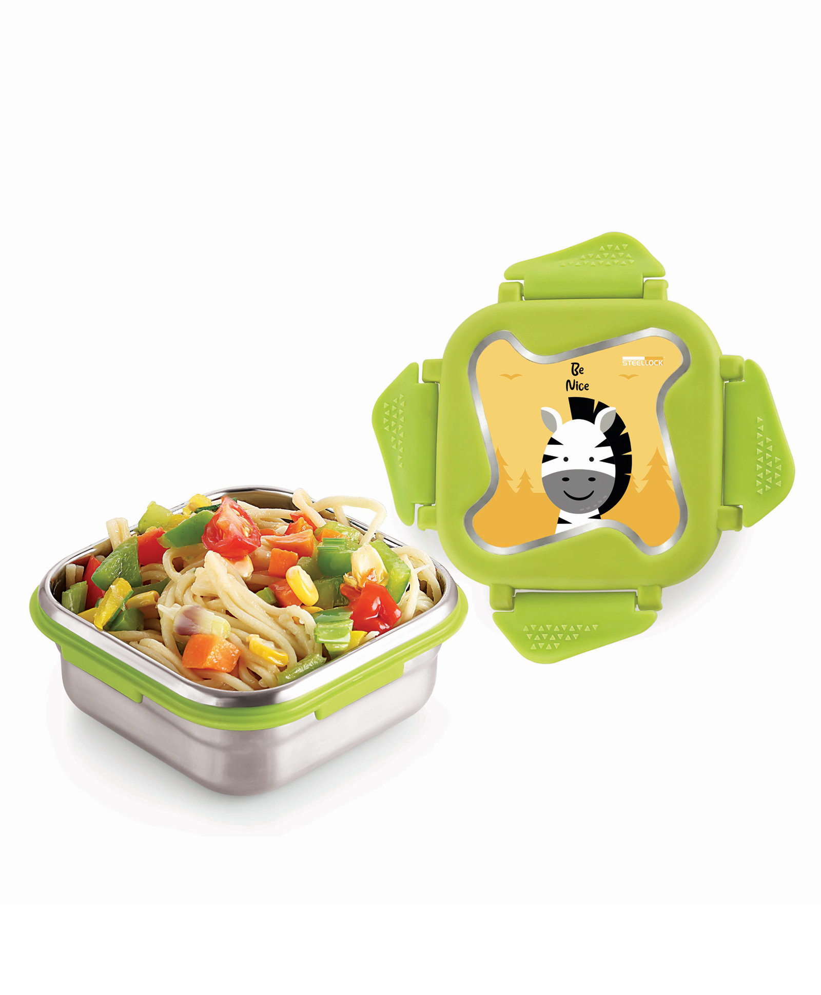 Steellock Smart Kids Stainless Steel Lunch Box, Leakproof & Airtight Tiffin Box for School Boys & Girls, BPA Free Food Grade with 4-Side Clip Lock | 360 ml | Green, Zebra-image-37
