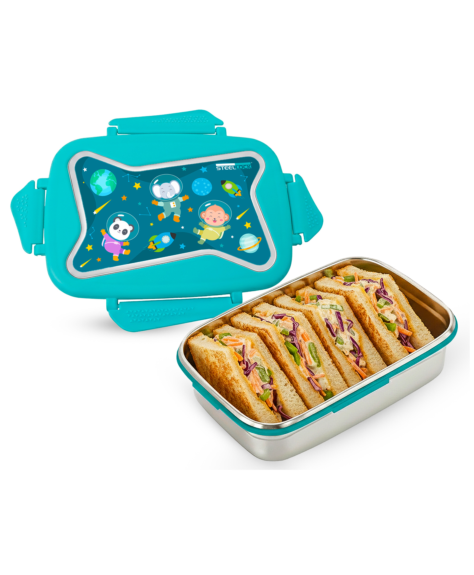steel lock Steellock Smart Kids Stainless Steel Lunch Box, Leakproof & Airtight Tiffin Box for School Boys & Girls, BPA Free Food Grade with 4-Side Clip Lock | 750 ML | Turquoise, Space-picture-10