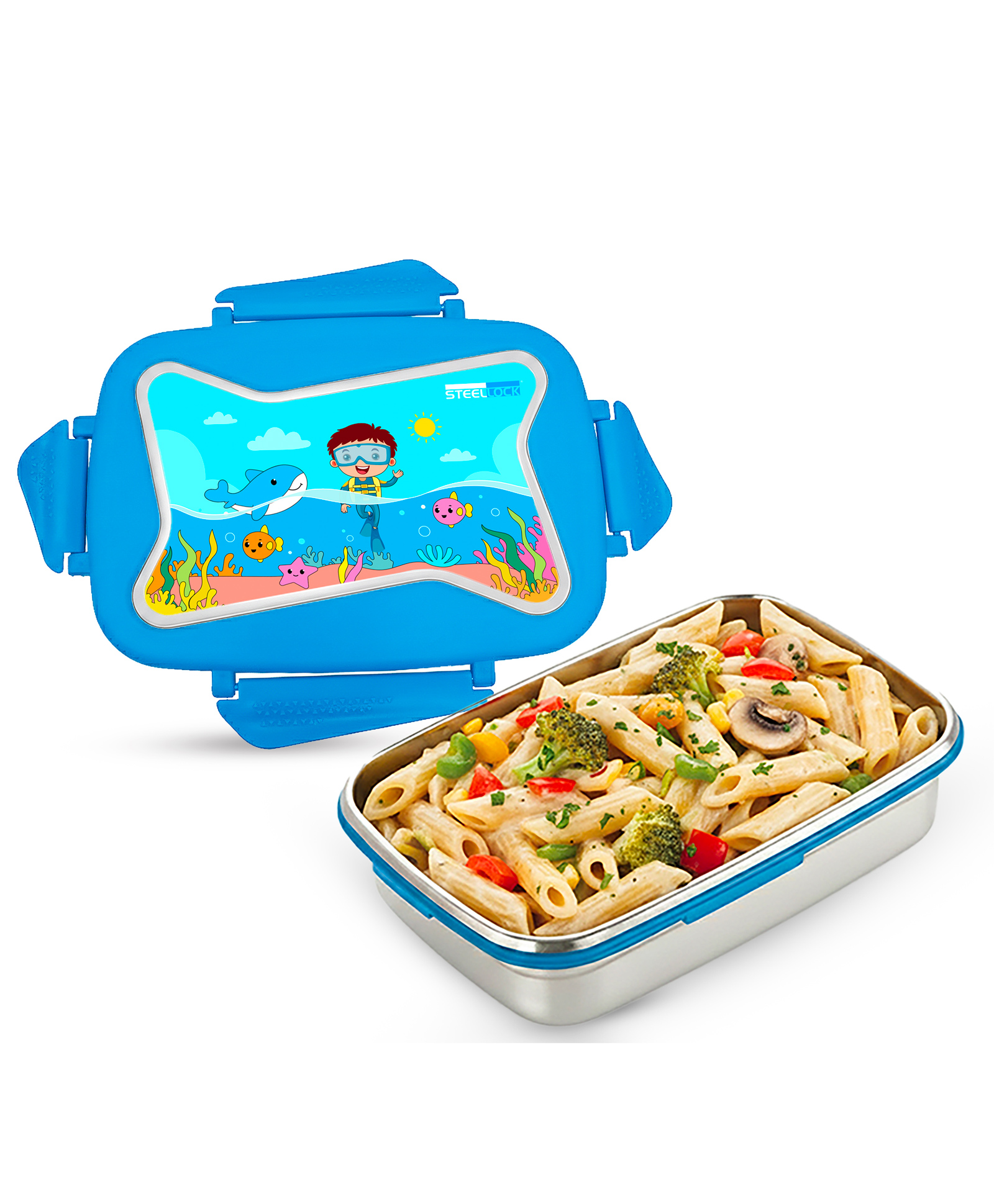 Steellock Smart Kids Stainless Steel Lunch Box, Leakproof & Airtight Tiffin Box for School Boys & Girls, BPA Free Food Grade with 4-Side Clip Lock | 750 ML | Blue, Sea World-image-43
