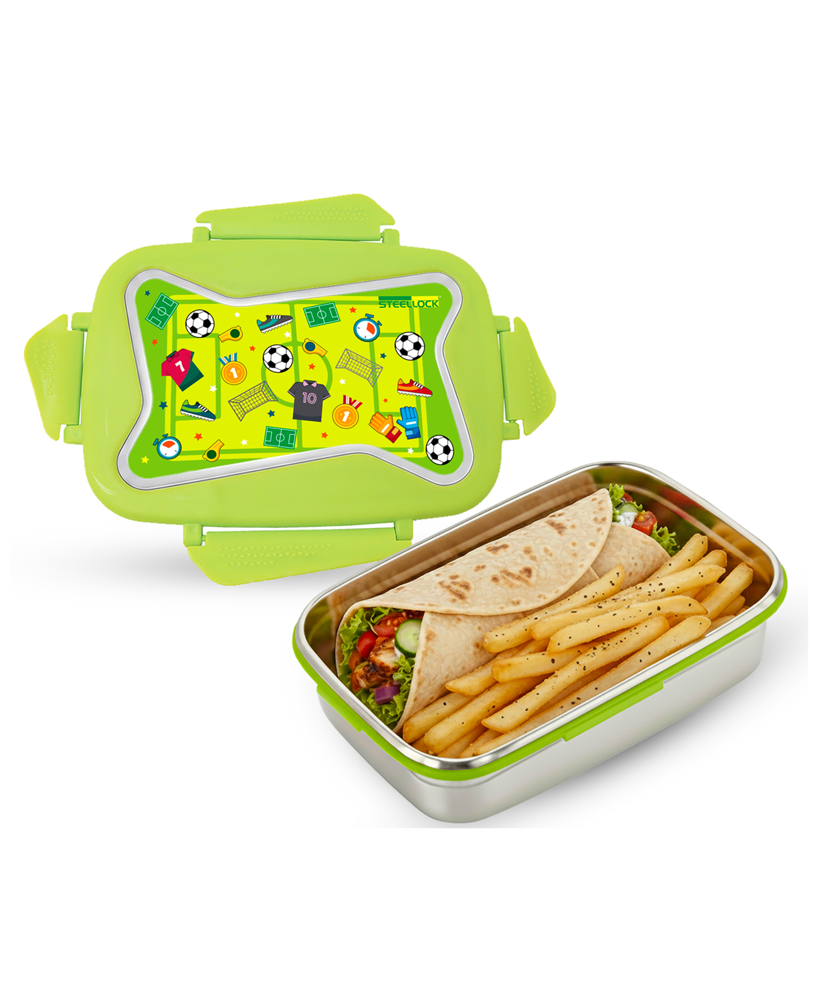 Steellock Smart Kids Stainless Steel Lunch Box, Leakproof & Airtight Tiffin Box for School Boys & Girls, BPA Free Food Grade with 4-Side Clip Lock | 750 ml | Green, Football-image-9