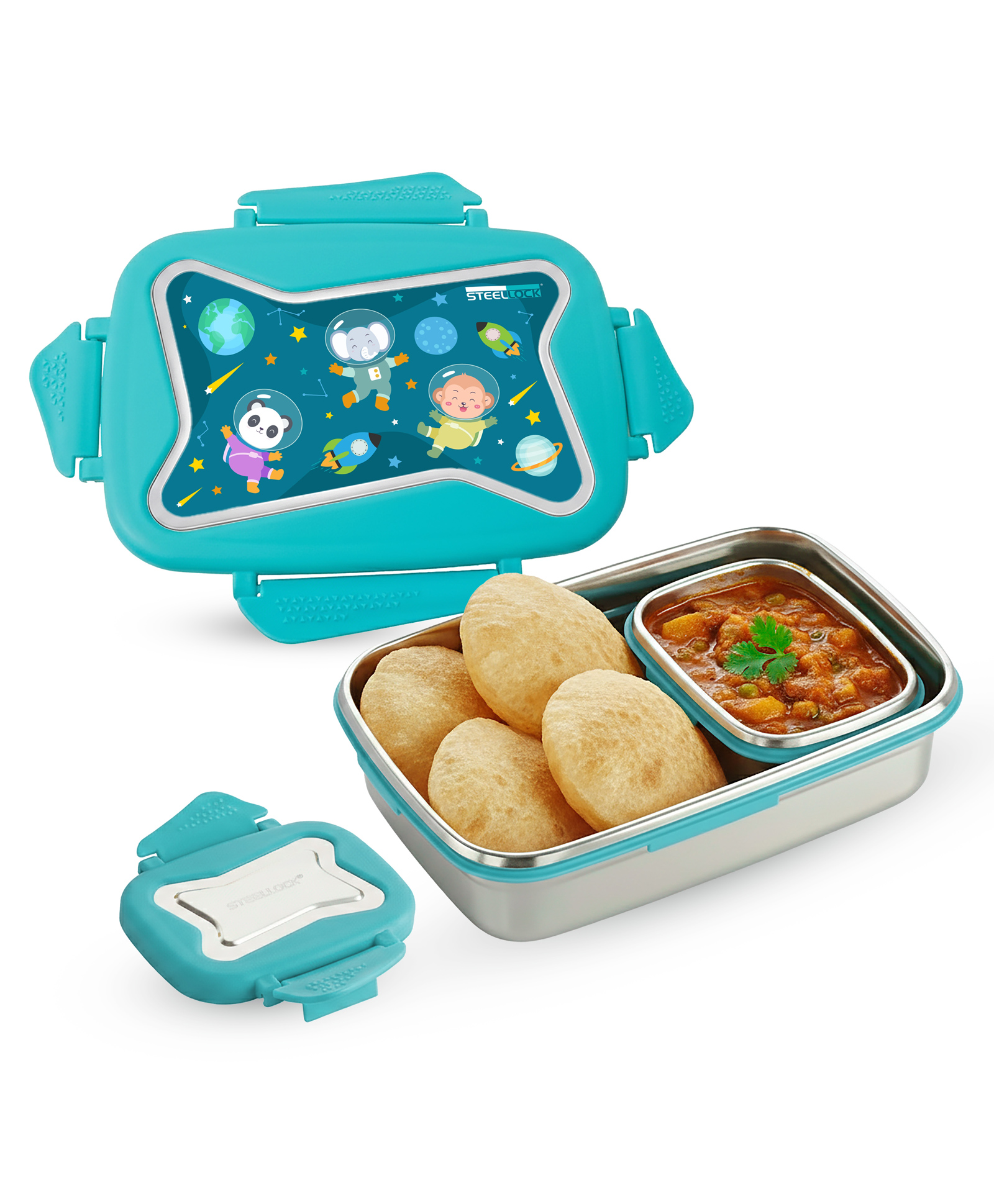 Steellock Smart Stainless Steel Kids Lunch Box 2 pc Set | Kids Tiffin Box for School | BPA-Free Leakproof & Airtight | Lunch Box for Kids Boys & Girls | 750 ml & 170 ml | Turquoise, Space-image-12