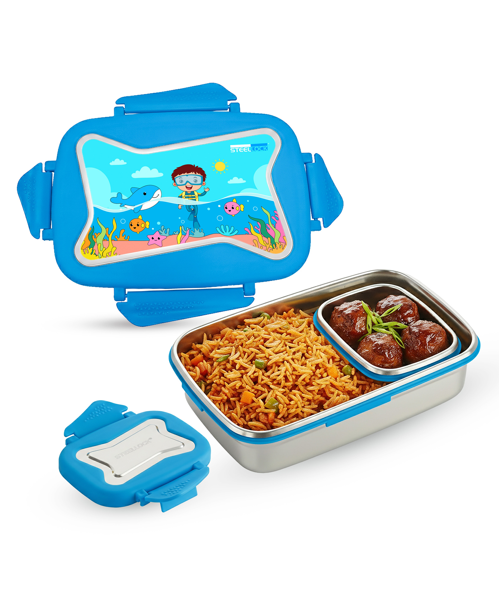 Steellock Smart Stainless Steel Kids Lunch Box 2 pc Set | Kids Tiffin Box for School | BPA-Free Leakproof & Airtight | Lunch Box for Kids Boys & Girls | 750 ml & 170 ml | Blue, Sea World-image-31