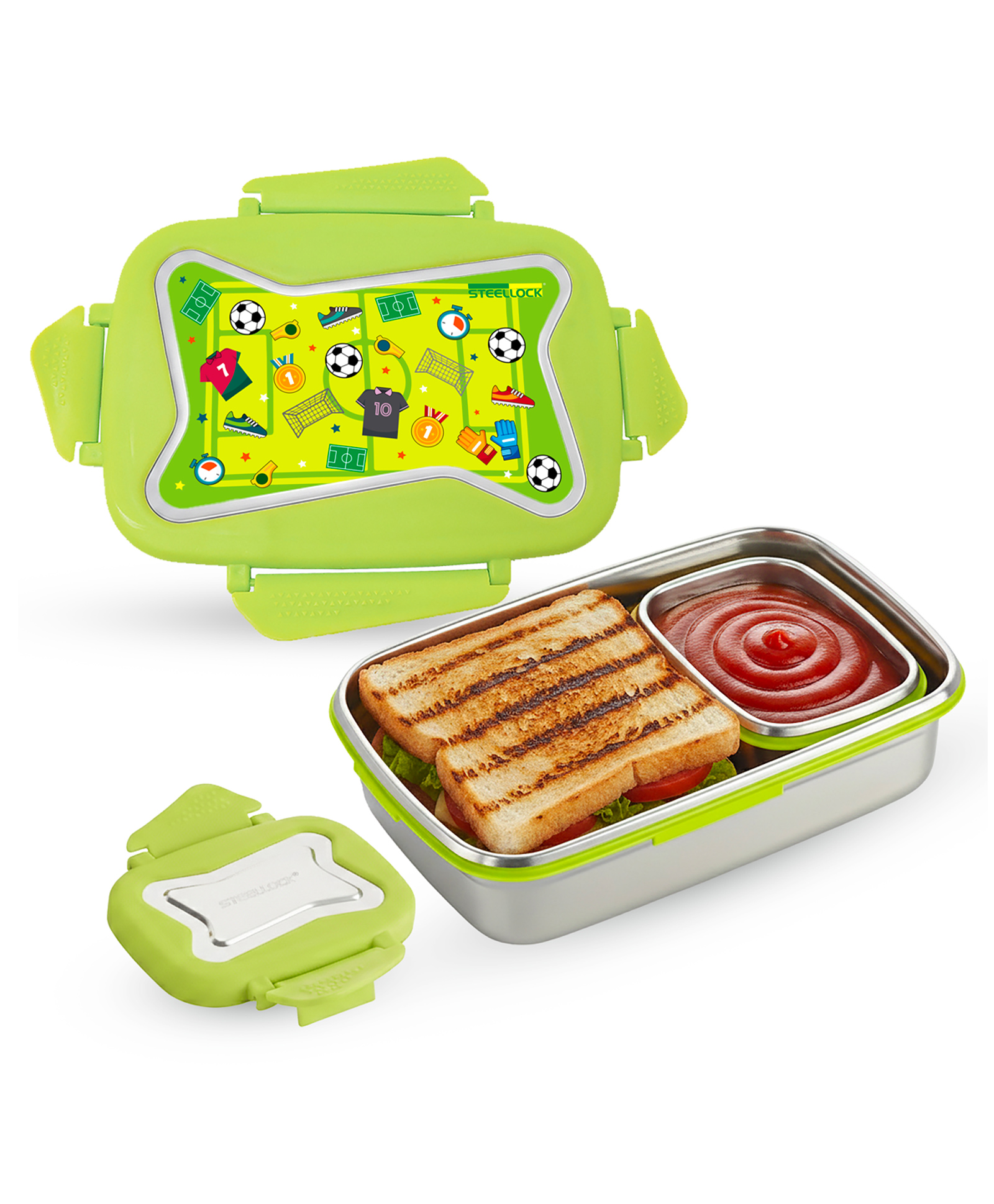 Steellock Smart Stainless Steel Kids Lunch Box 2 pc Set | Kids Tiffin Box for School | BPA-Free Leakproof & Airtight | Lunch Box for Kids Boys & Girls | 750 ml & 170 ml Each | Green, Football-image-18