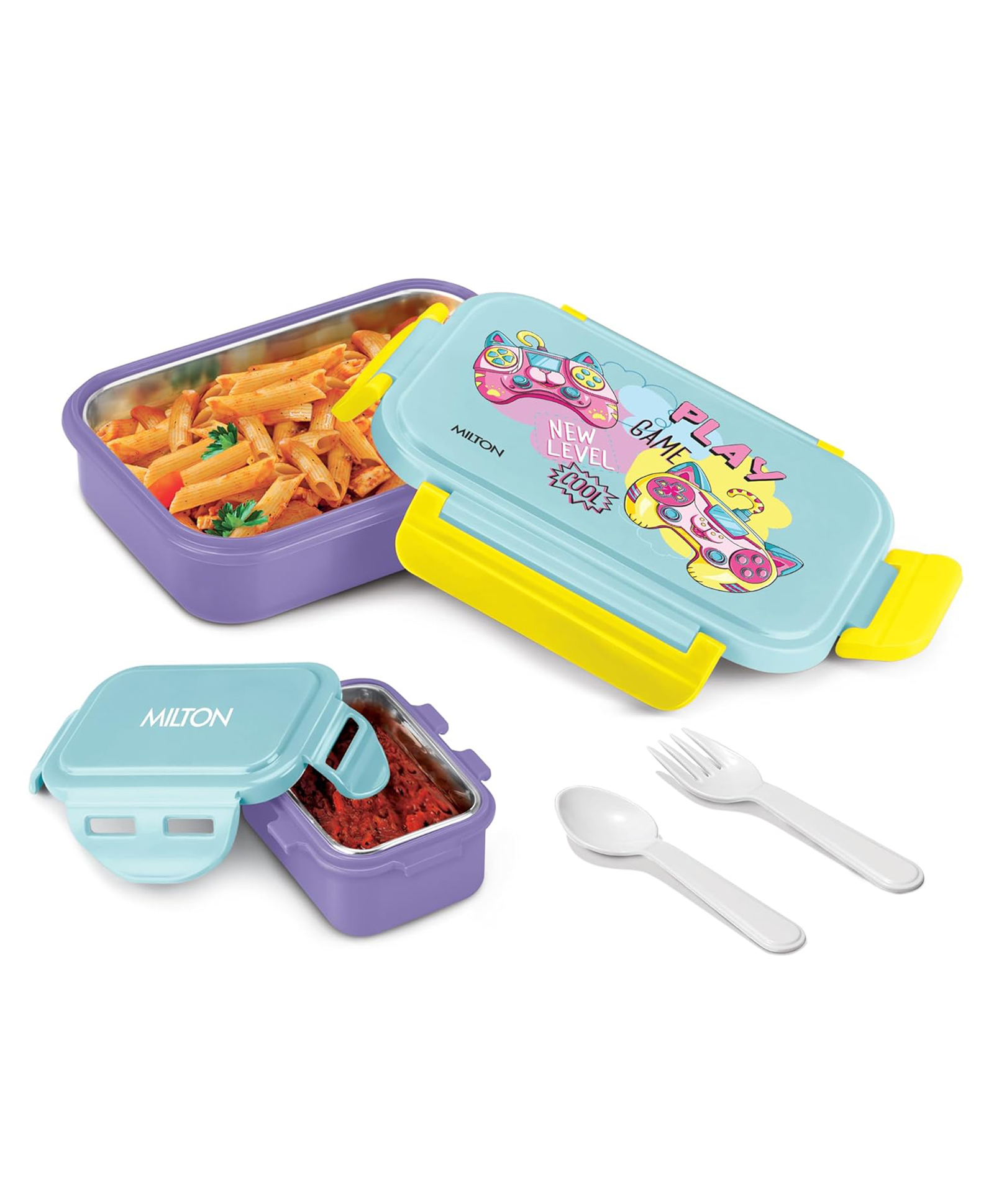 Milton Big Candy Kids Tiffin Lunch Box Snack Box with Spoon & Fork 520 ml - Purple-image-6