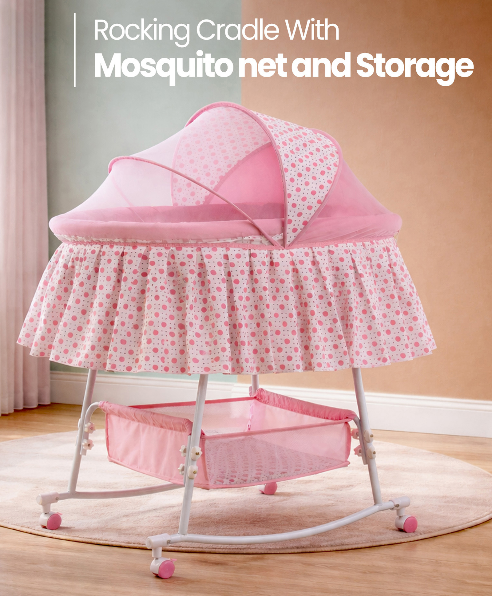 fab n funky Rocking Cradle with Mosquito Net & Storage Basket Gentle Rocking Function Lockable Wheels Portable & Comfortable New Born Essential Easy to Assemble - Pink-picture-36