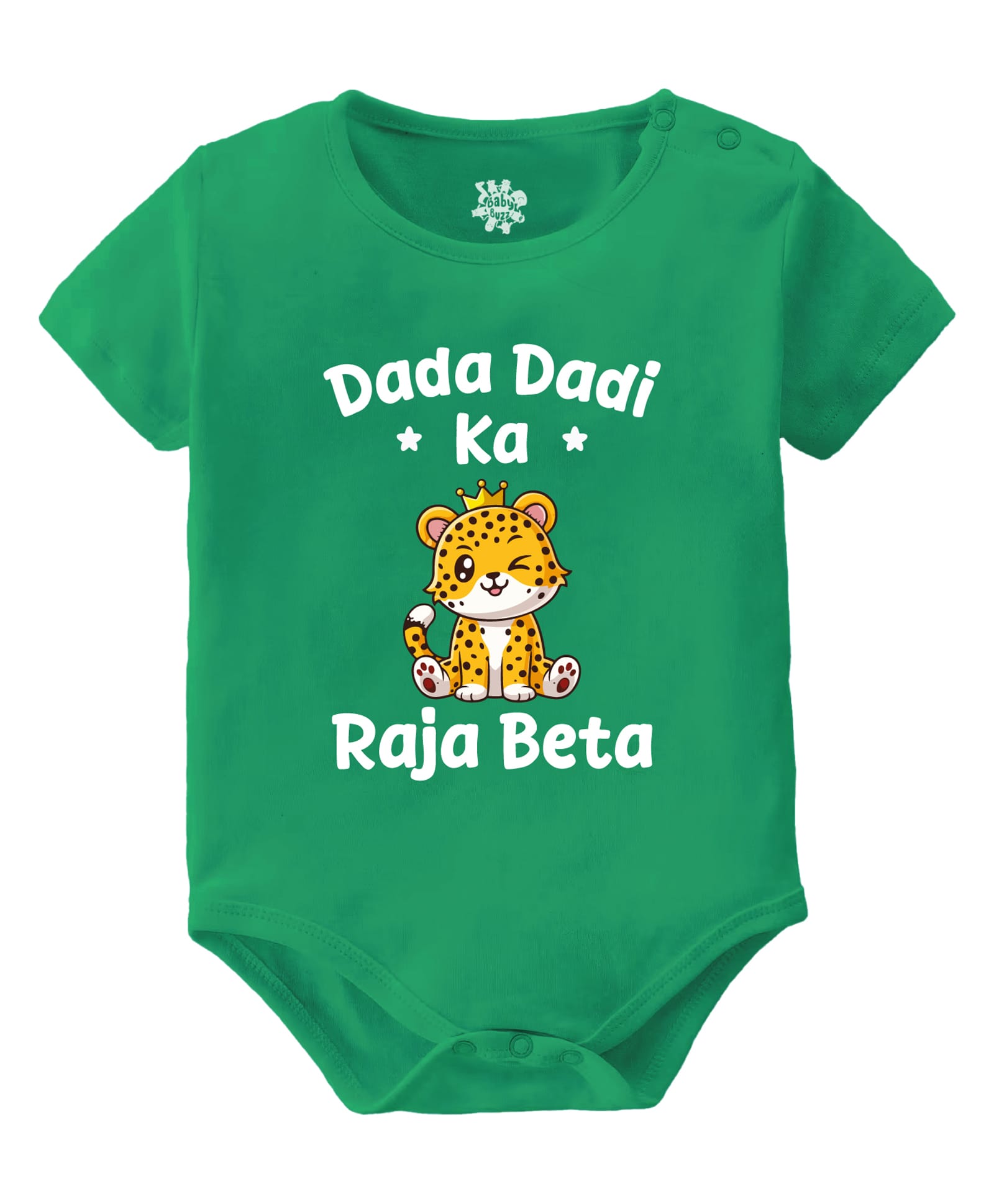 Baby Buzz 100% Cotton Knit Family Theme Half Sleeves Dada Dadi Ka Raja Beta Text Printed Onesie - Green-image-37