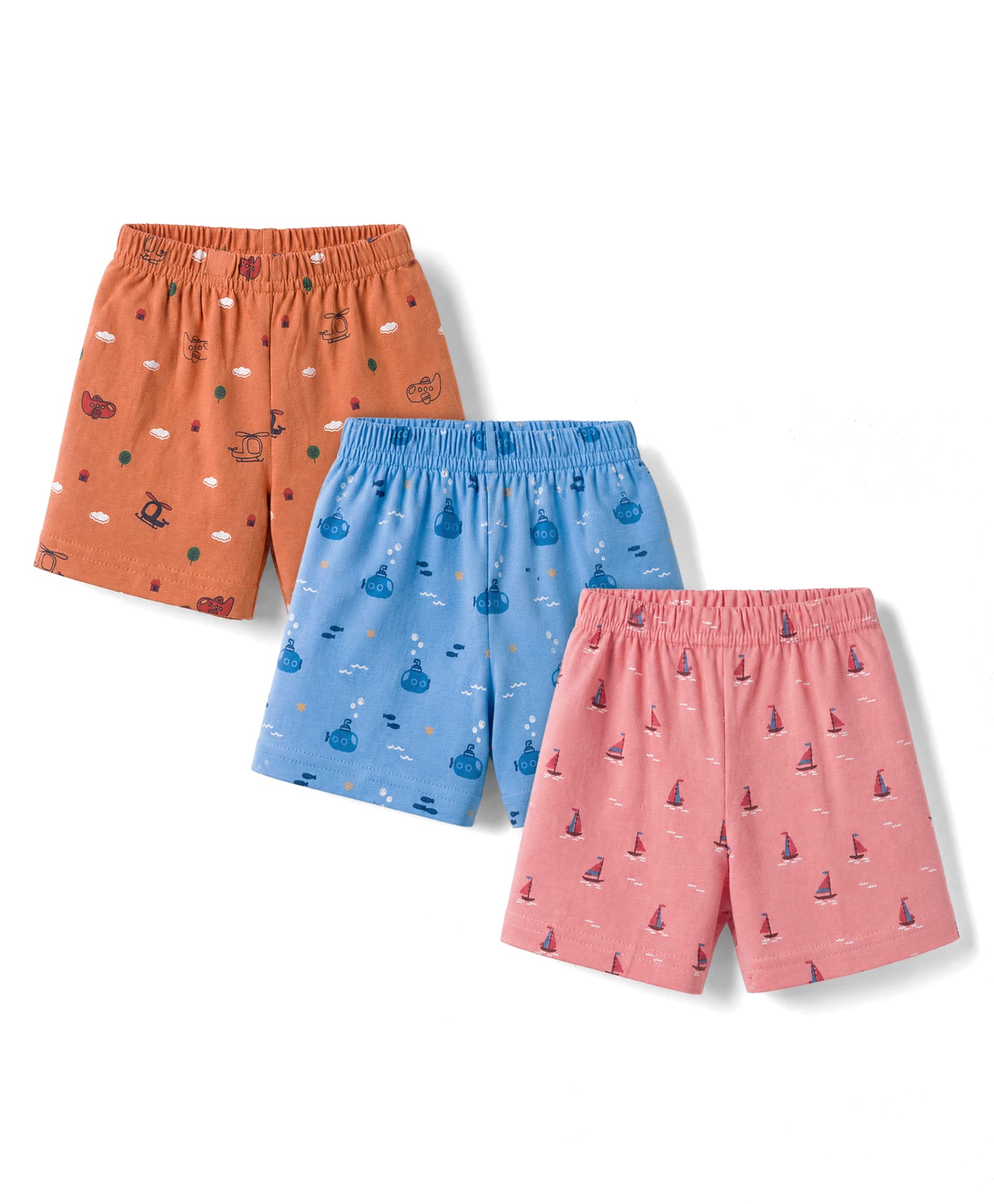 Zero Sinker Knit Above Knee Length Boat Printed Shorts Pack of 3- Multicolour-picture-33