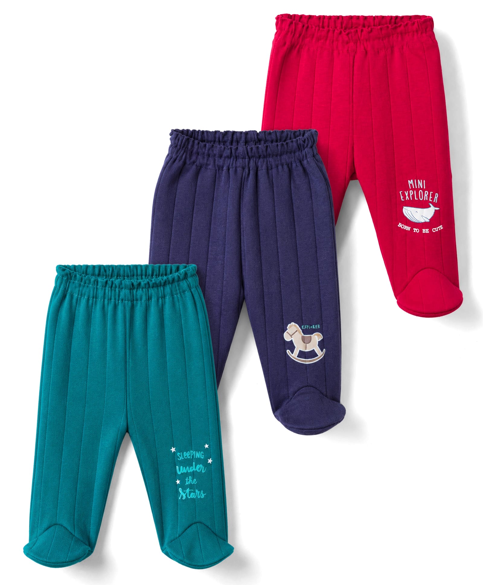 Zero Sinker Woven Full Length Sea Life Printed Bootie Leggings Pack Of 3 - Navy Blue Maroon & Teal Blue-image-1