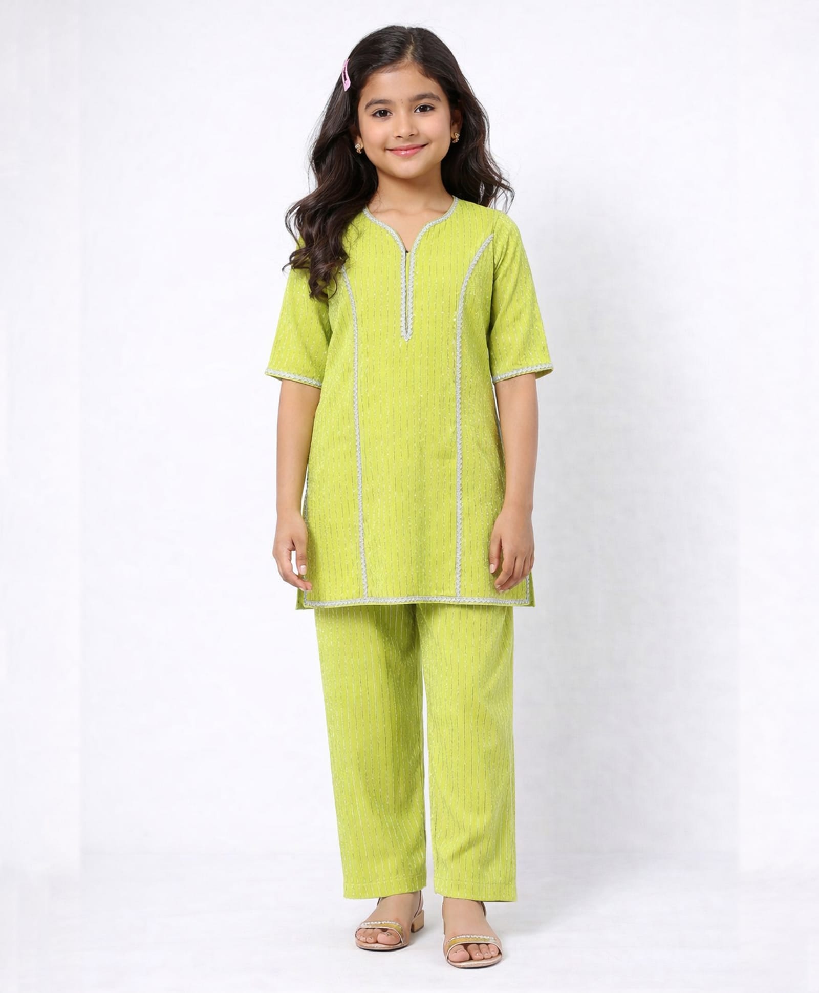 Little Ginnie Cotton Woven Half Sleeves Gota Lace Embellished Kurti & Pant Set - Green