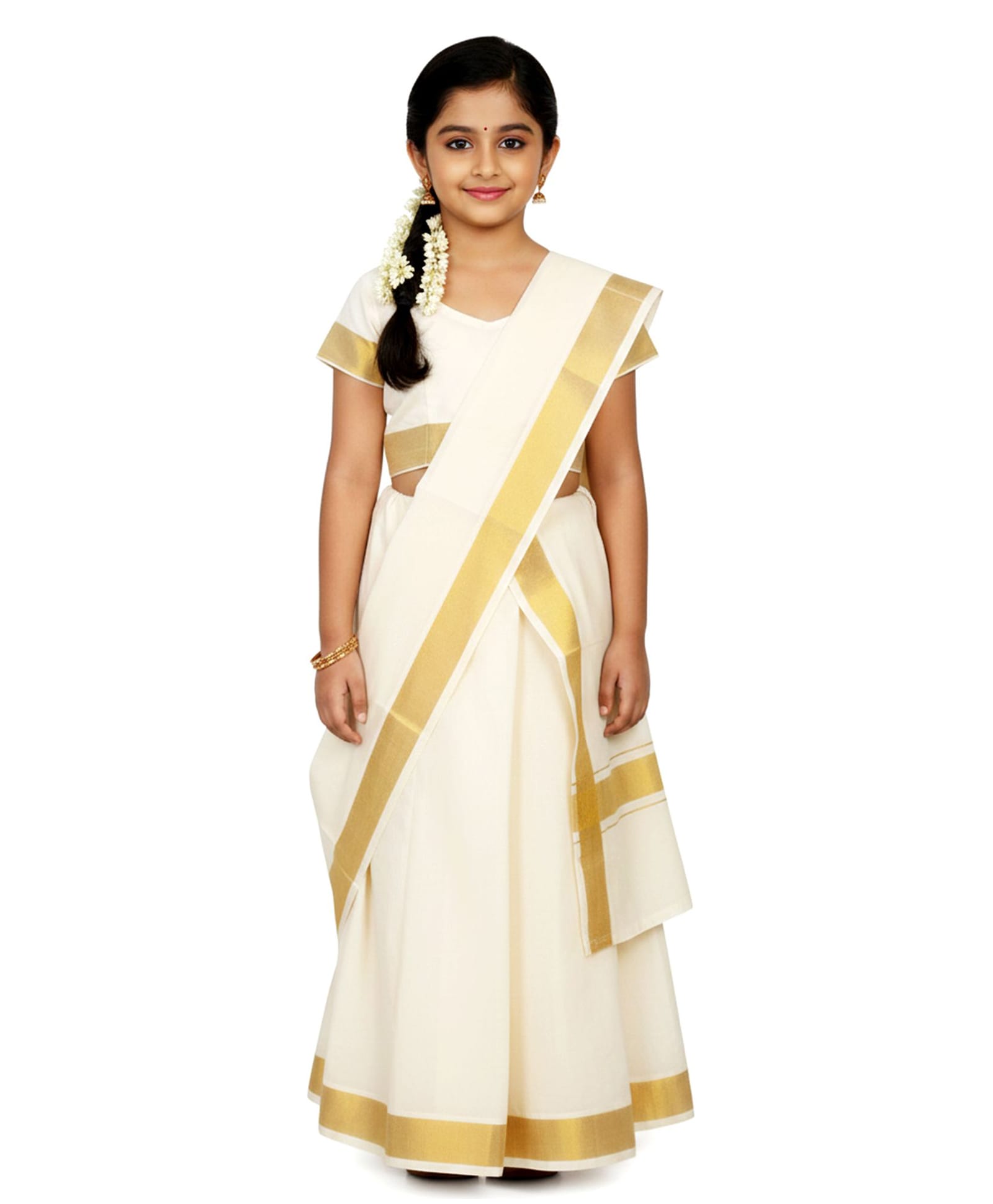 Little Ginnie Cotton Woven Half Sleeves Blouse With Zari Border Embroidered Saree - White-image-35