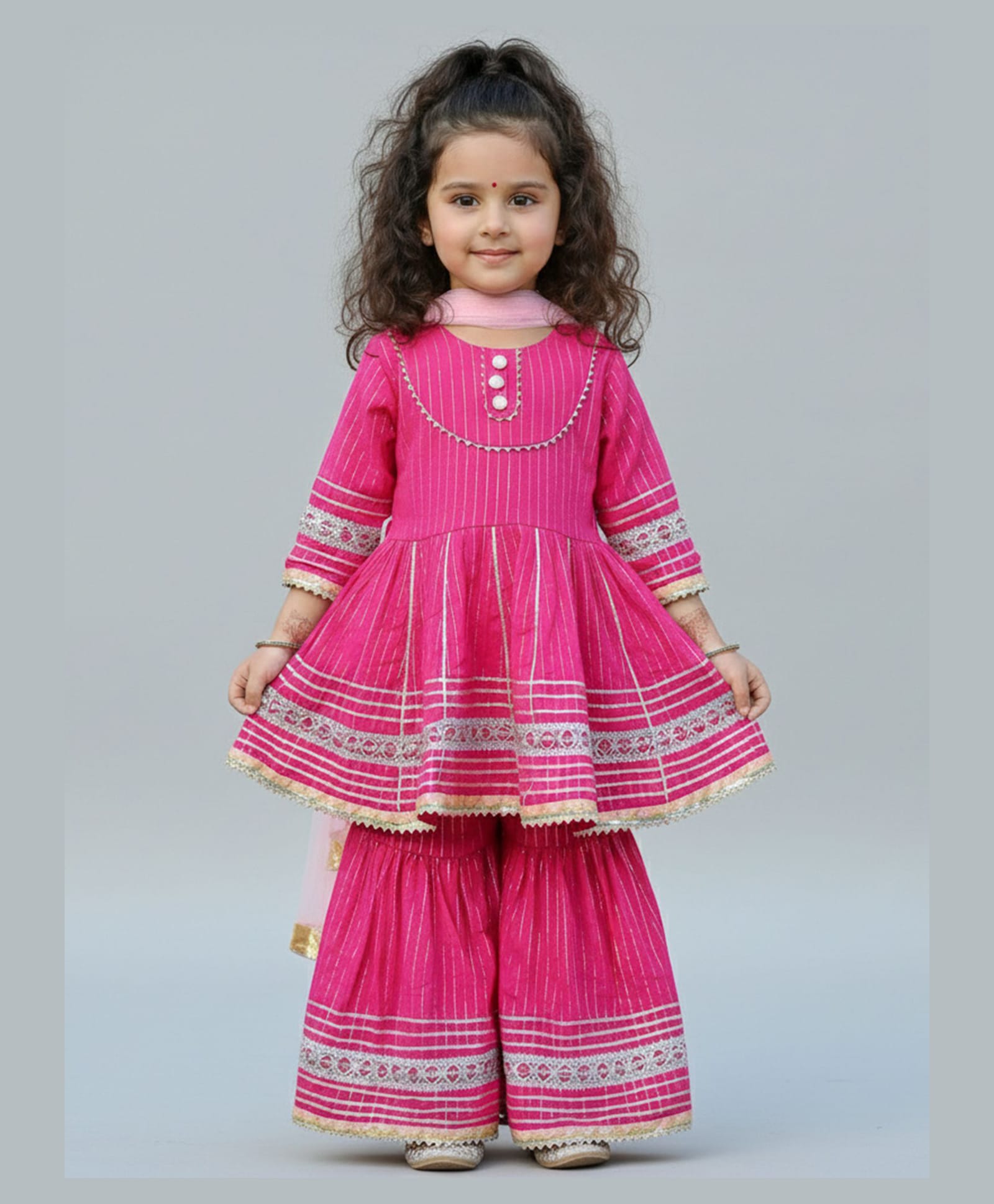 Little Ginnie Cotton Woven Three Fourth Sleeves Striped & Gota Lace Embellished Kurti Sharara Set With Dupatta - Pink-image-30