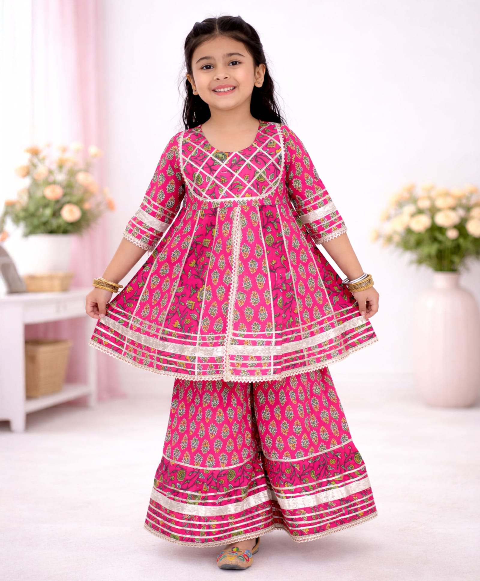 Little Ginnie Cotton Woven Three Fourth Sleeves Floral Printed Lace Embellished Kurti & Sharara Set - Pink