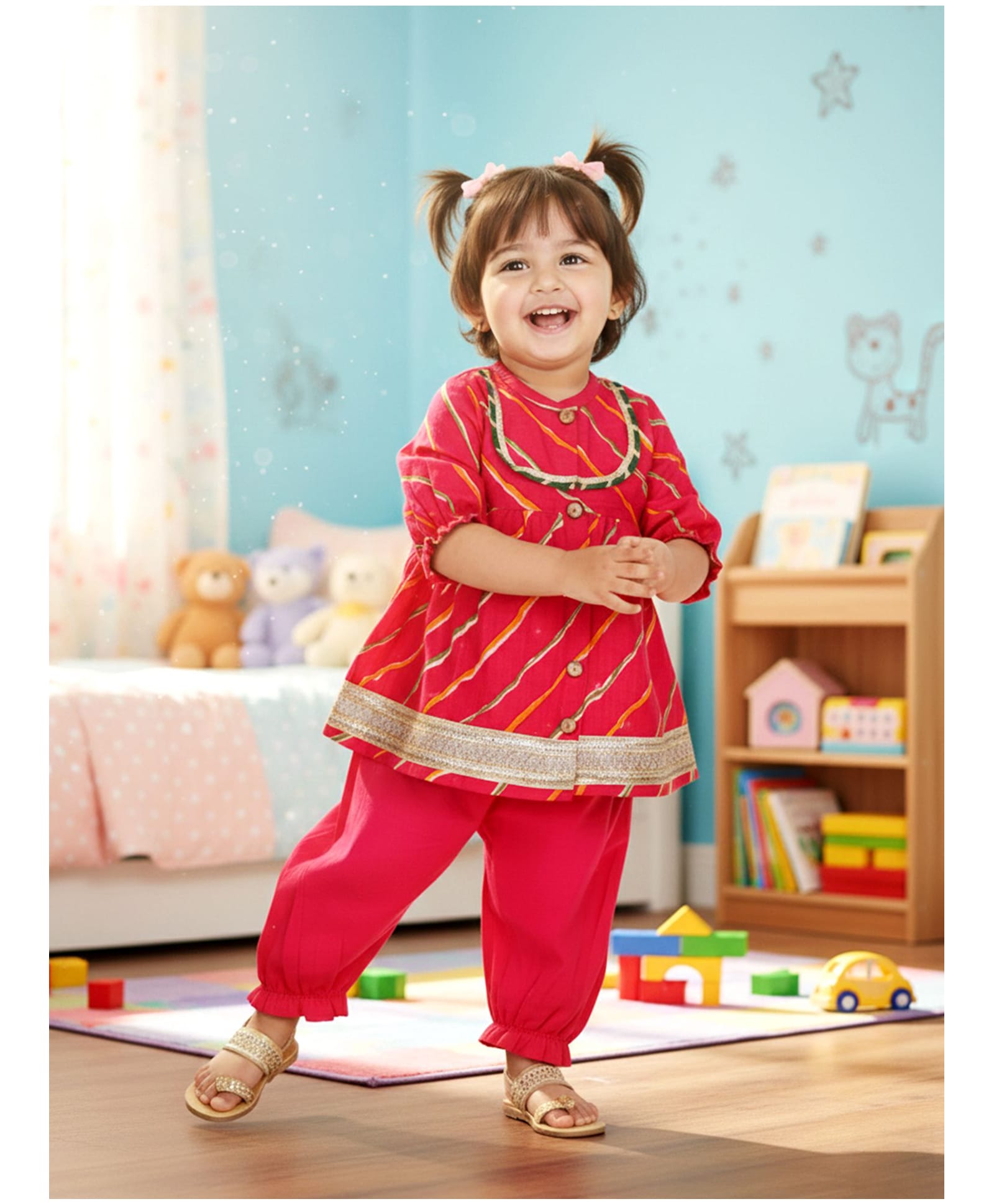Little Ginnie Cotton Woven Three Fourth Sleeves Gota Lace Embellished Striped Kurti & Pyjama Set - Pink