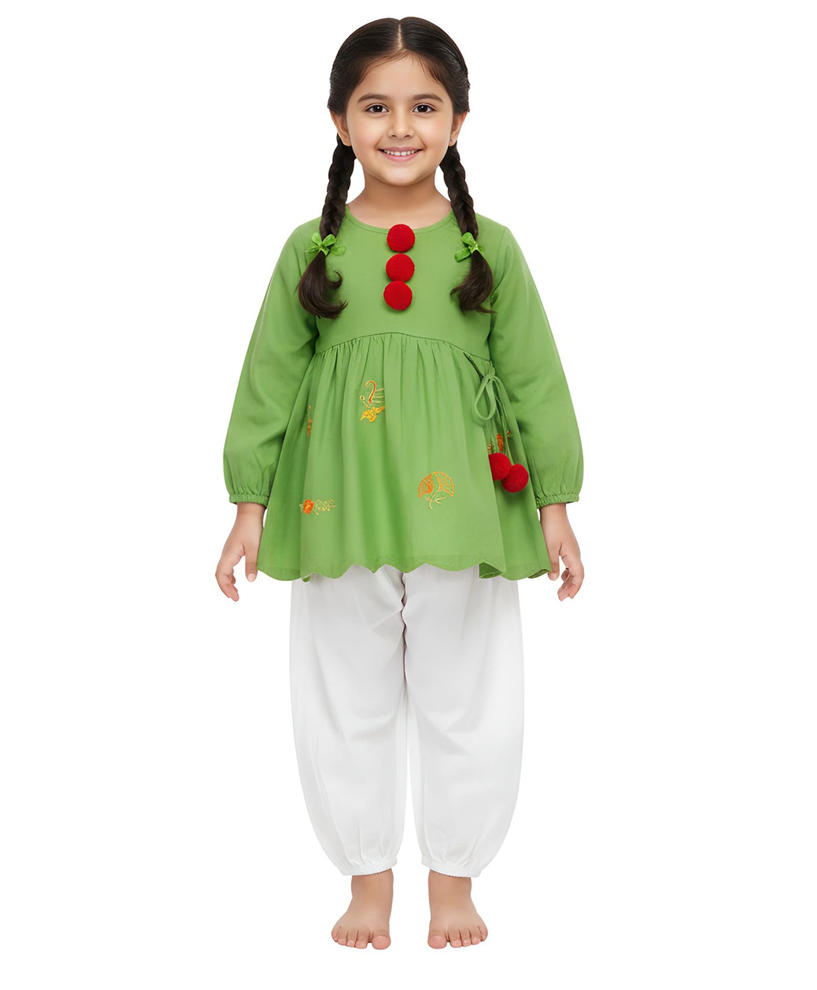 Little Ginnie Cotton Woven Full Sleeves Floral Embroidered Kurti & Pyjama Set - Green-image-20