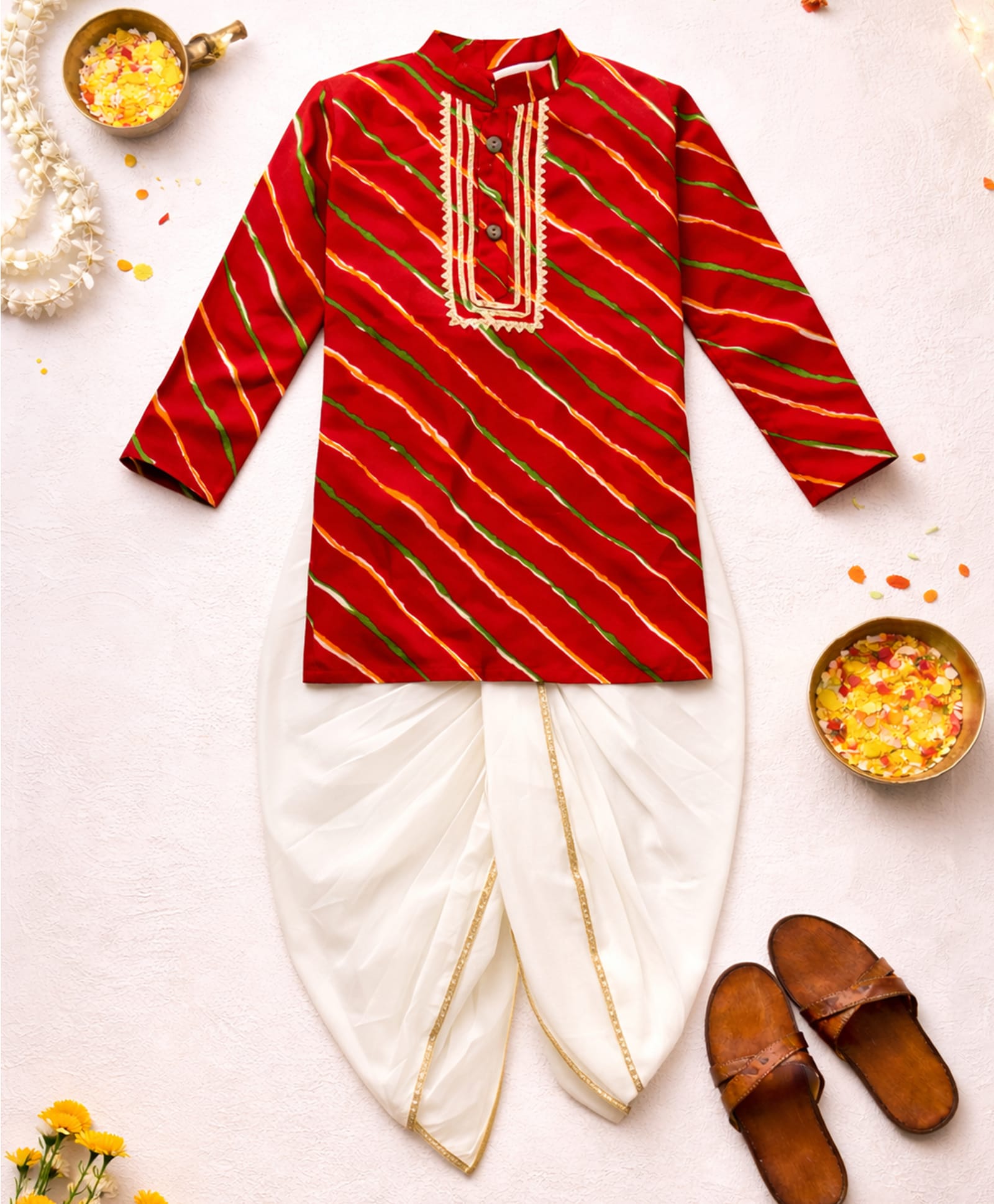 Little Ginnie Cotton Woven Full Sleeves Striped & Lace Embellished Kurta & Dhoti Set - Red-picture-32