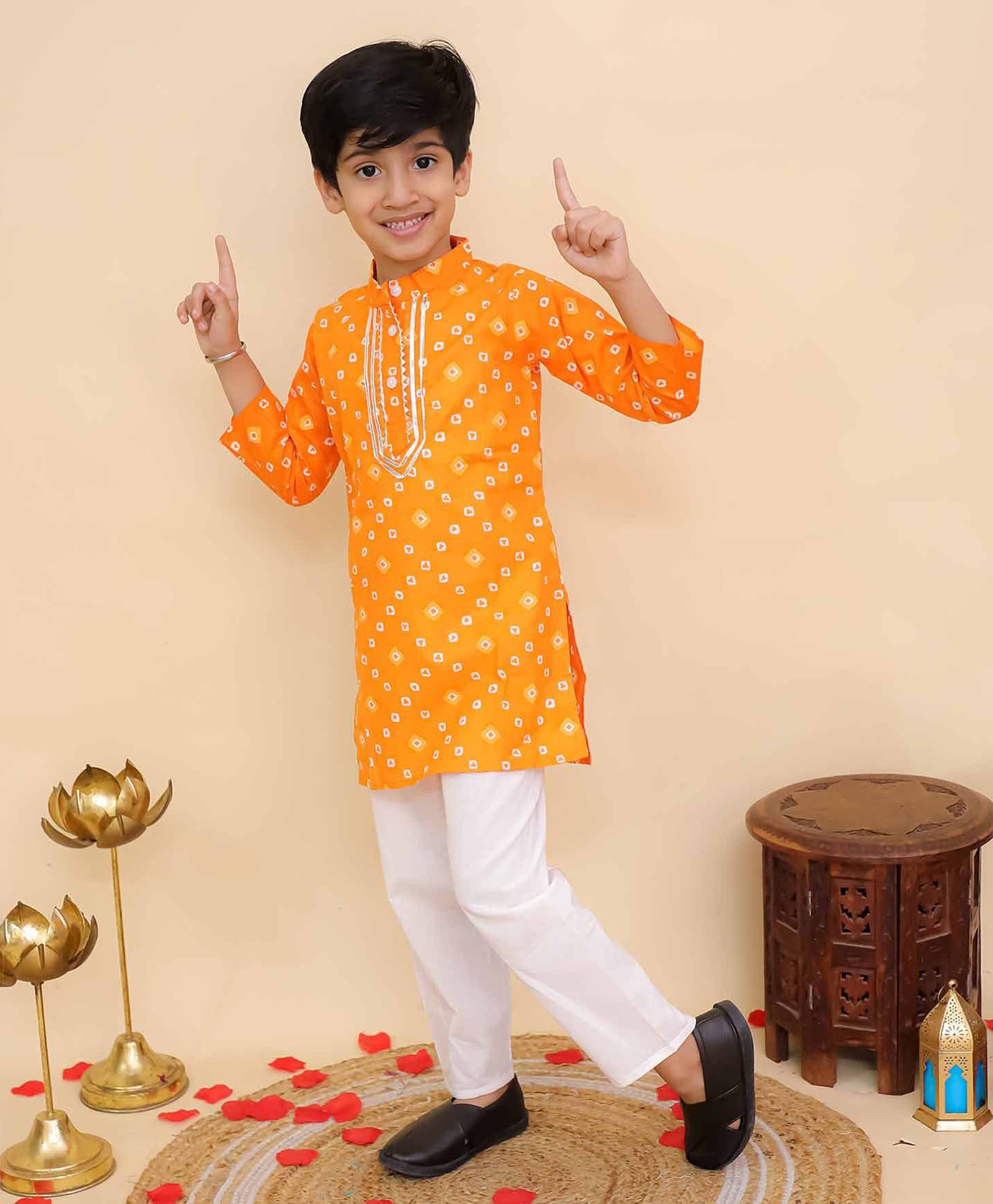 Little Ginnie Cotton Woven Full Sleeves Gota Lace Embellished & Bandhani Printed Kurta & Pyjama Set - Orange-image-17