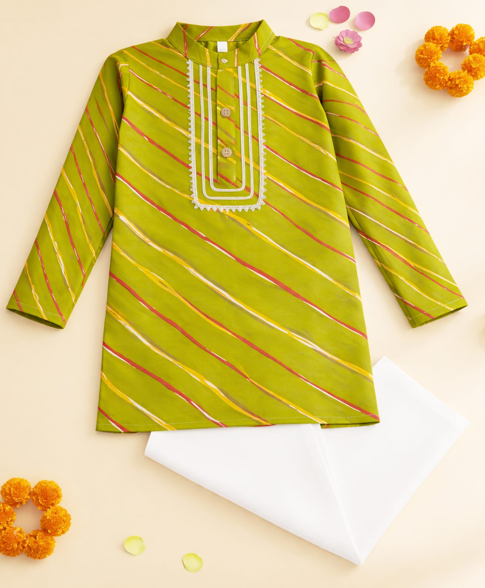 Little Ginnie Cotton Woven Full Sleeves Gota Lace Embellished & Striped Kurta & Pyjama Set - Green