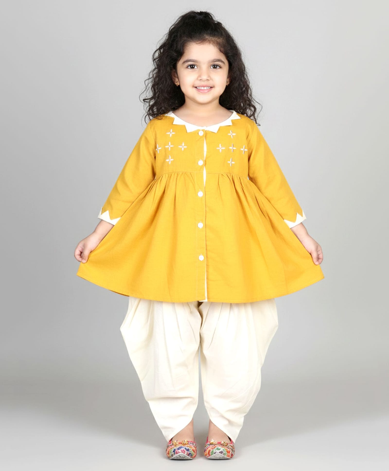 Little Ginnie Cotton Woven Three Fourth Sleeves Cross Designed Kurti & Dhoti Set - Mustard-image-25