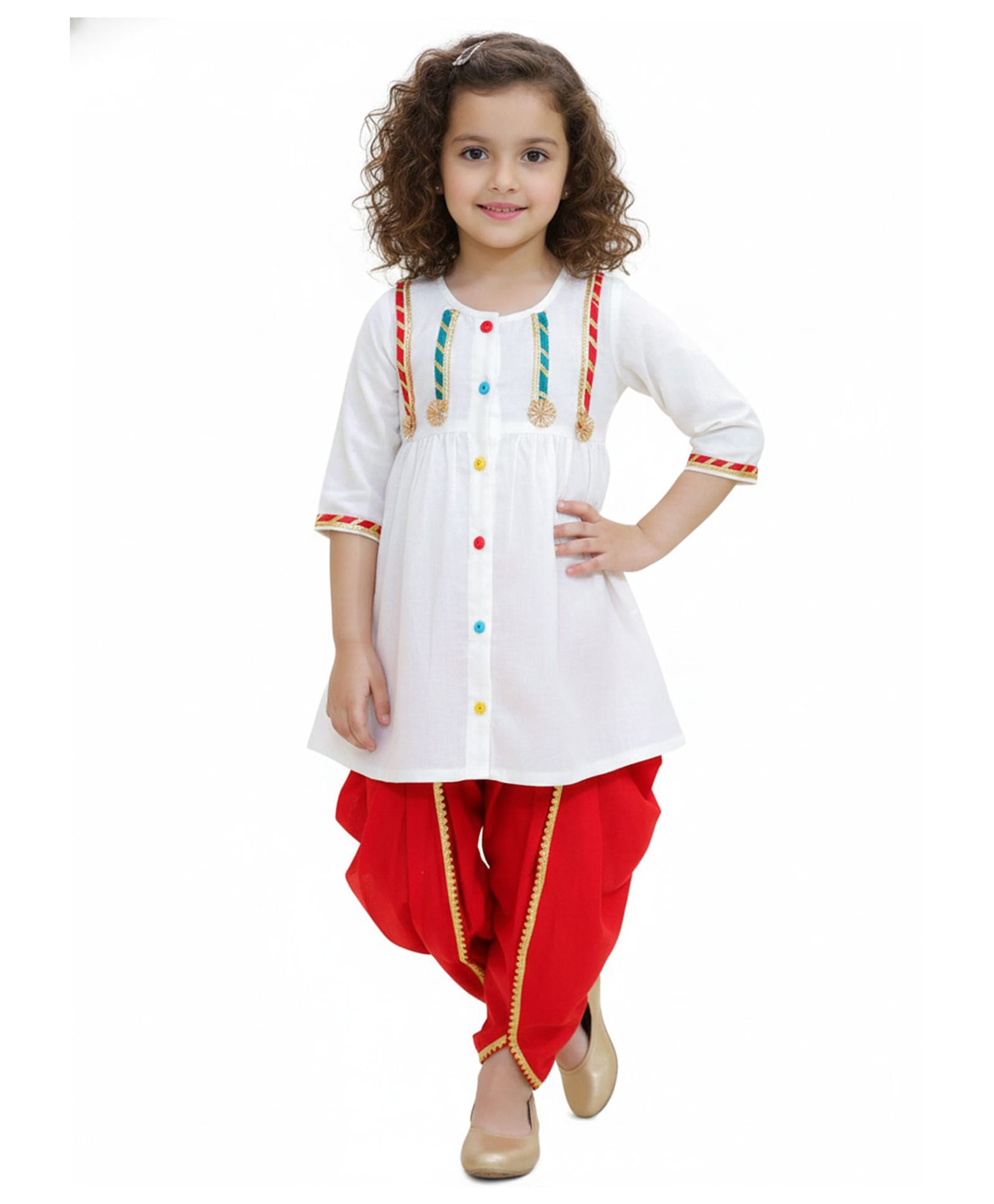 Little Ginnie Cotton Woven Three Fourth Sleeves Lace Embellished Kurti & Dhoti Set - White & Red-image-32