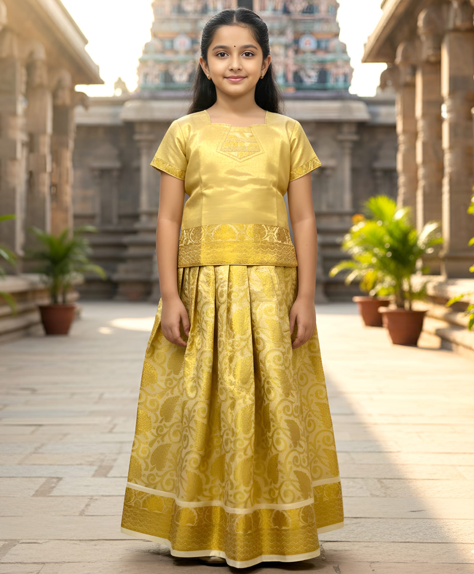 Little Ginnie Cotton Silk Woven Half Sleeves Pattu Pavadai Lehenga Choli Set - Golden-image-36