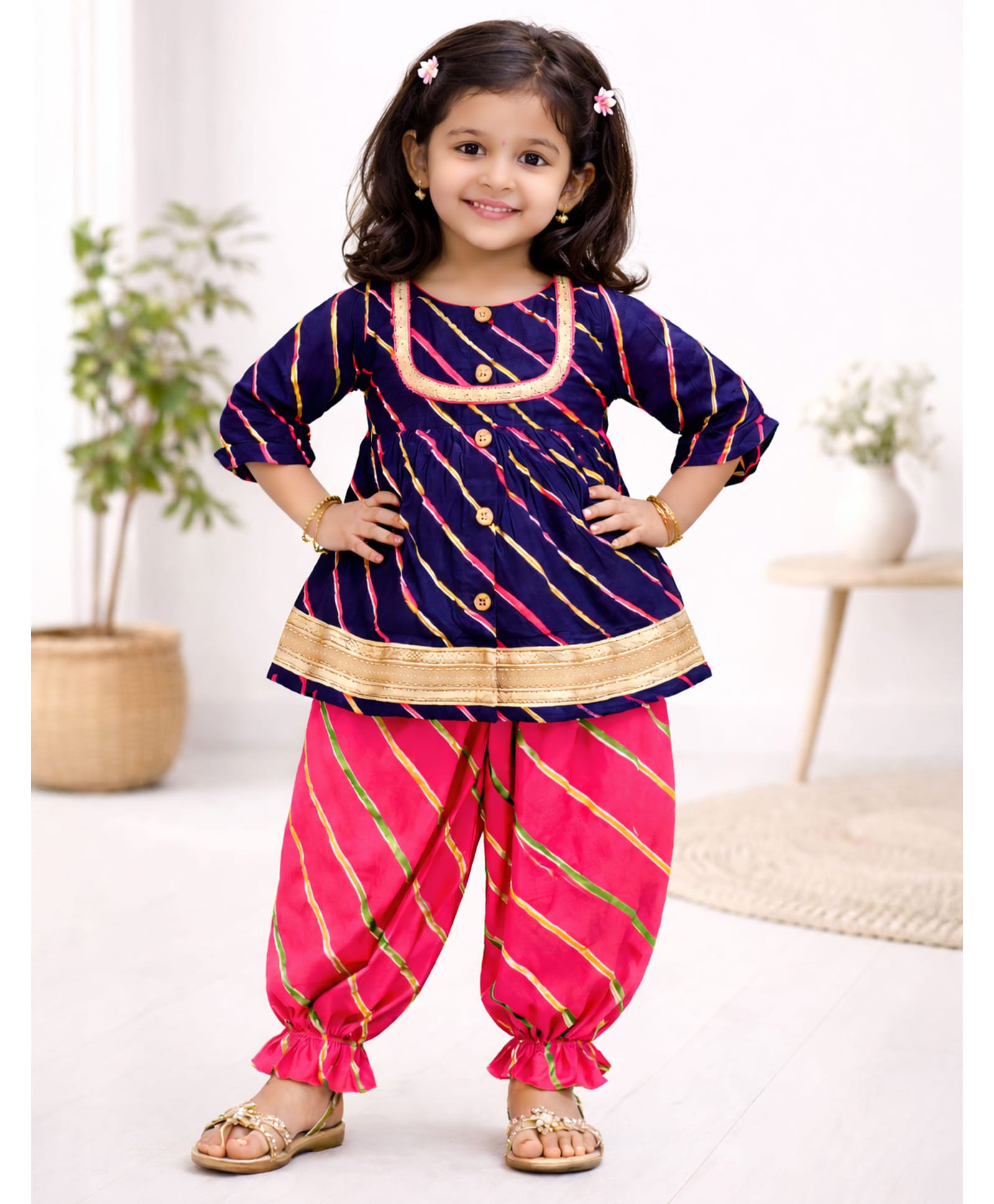 Little Ginnie Cotton Woven Three Fourth Sleeves Lace Embellished Kurta & Pyjama Set - Navy Blue-image-26