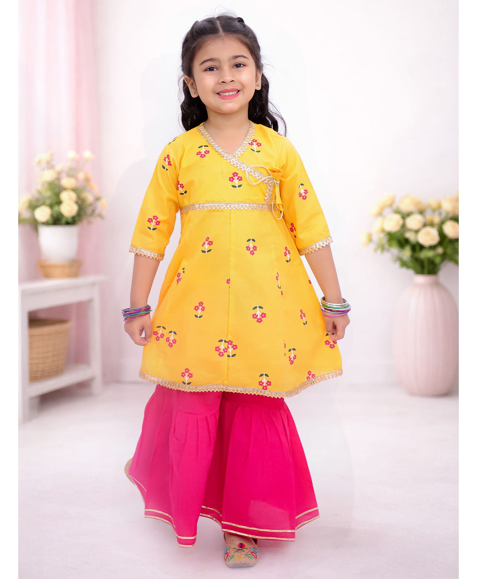 Little Ginnie Cotton Woven Half Sleeves Floral Printed Kurti & Sharara Set - Yellow