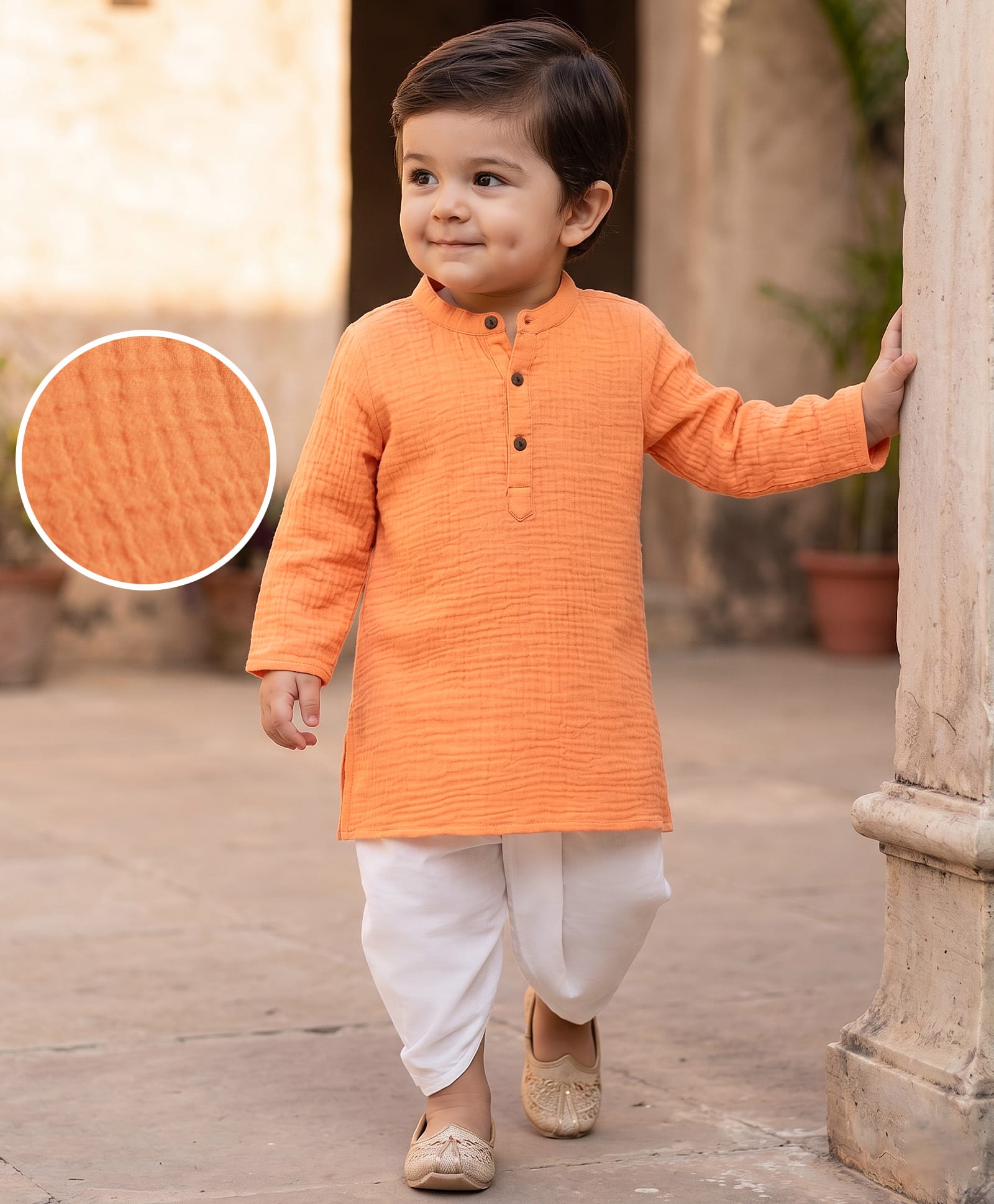 EARTHY TOUCH Cotton Woven Full Sleeves Solid Textured Kurta & Dhoti Set - Peach-picture-13