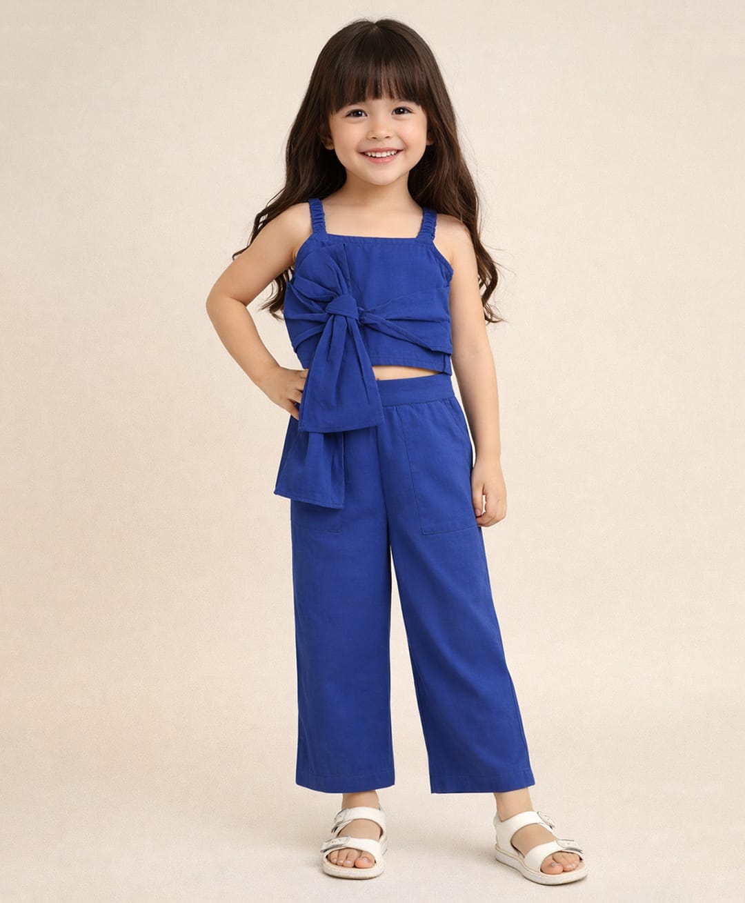 The Magic Wand Cotton Woven Sleeveless Knot Detailed Top & Pants Set - Royal Blue-picture-10