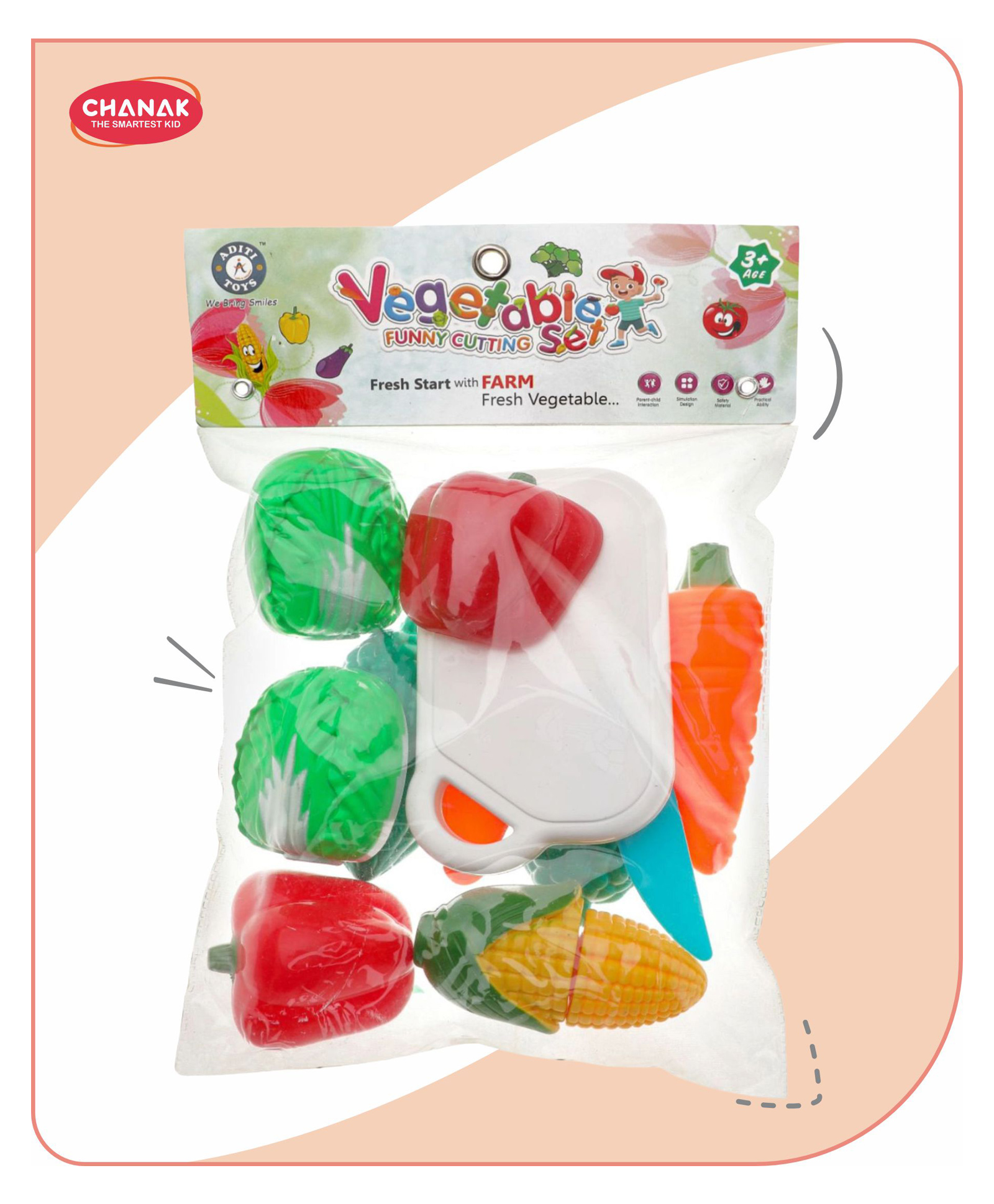 Aditi Toys Vegetable Cutting Set of 7 Pieces with Bag Includes Knife & Cutting board - Multicolor-image-12