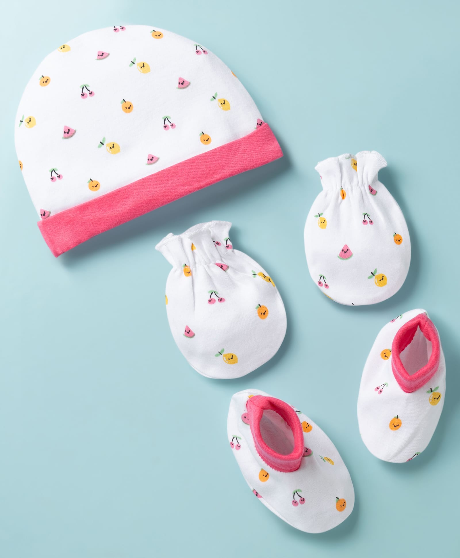 Babyhug 100% Cotton Knit Cap Mittens & Booties with Fruit Print Multicolor - Diameter 8.5 cm-picture-16