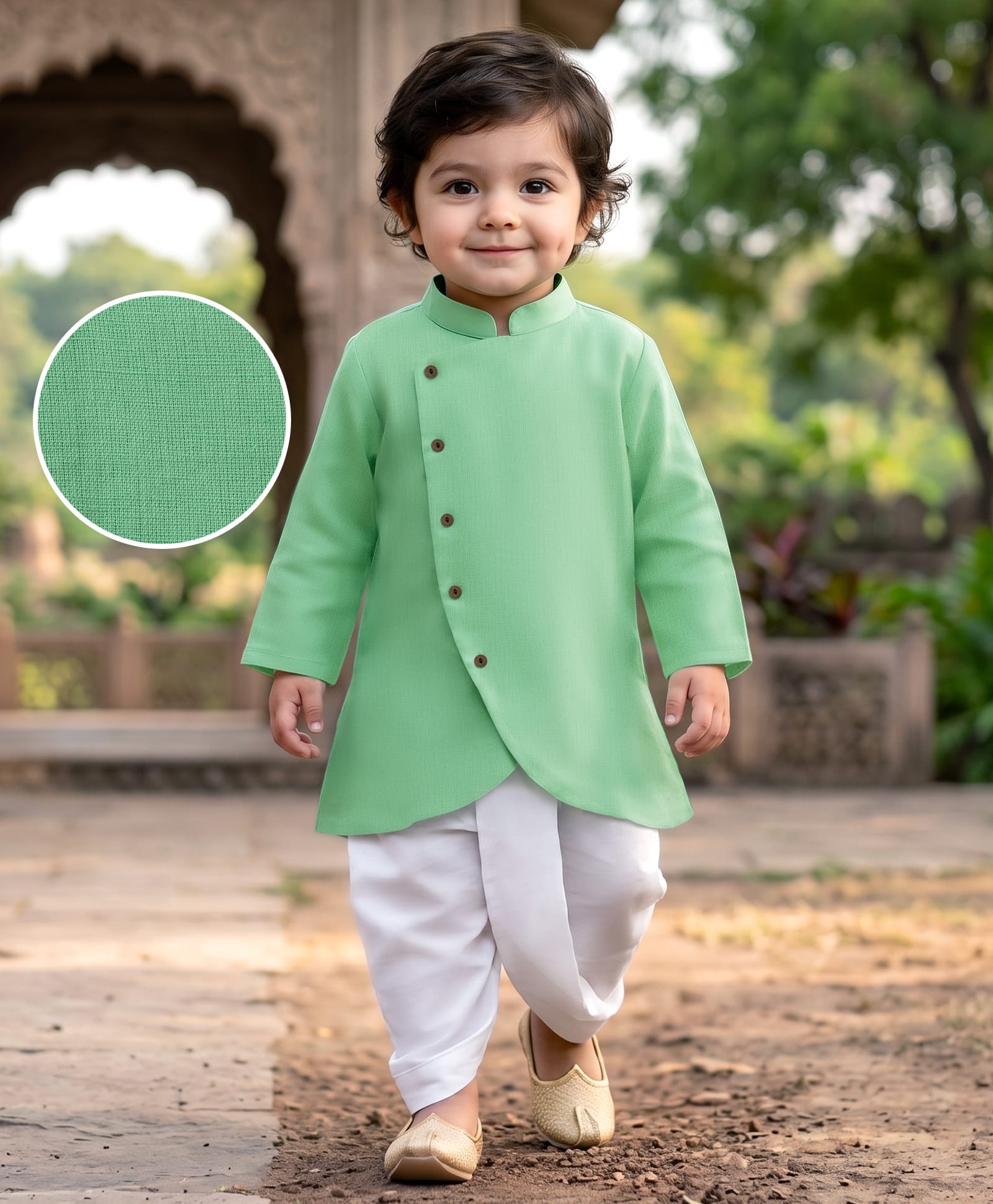 EARTHY TOUCH Cotton Blend Woven Full Sleeves Solid Kurta & Dhoti Set - Light Green-picture-18