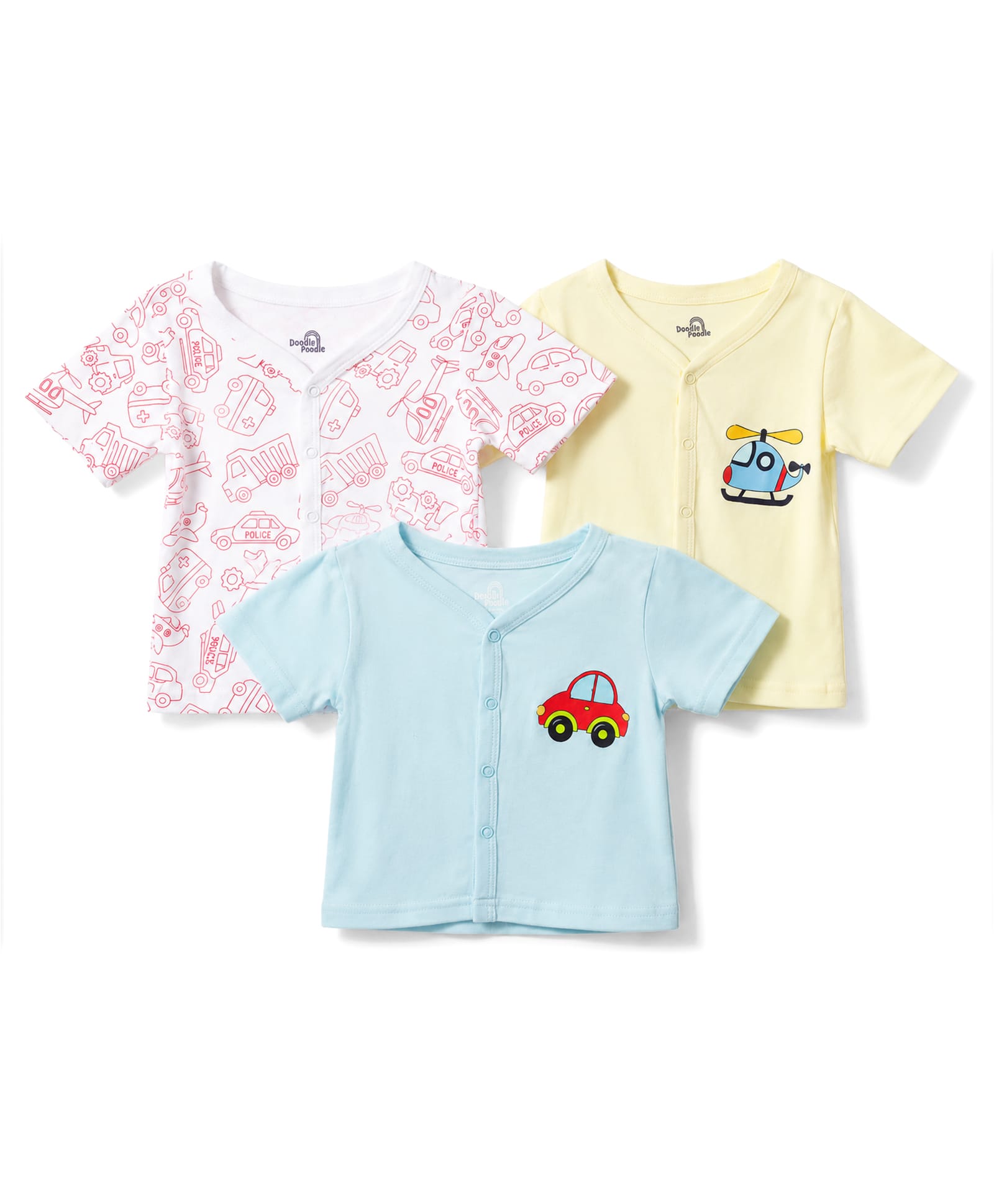 Doodle Poodle 100% Cotton Single Jersey Knit Half Sleeves Jhablas With Vehicle Print Pack of 3 - Blue Yellow & Pink-image-39