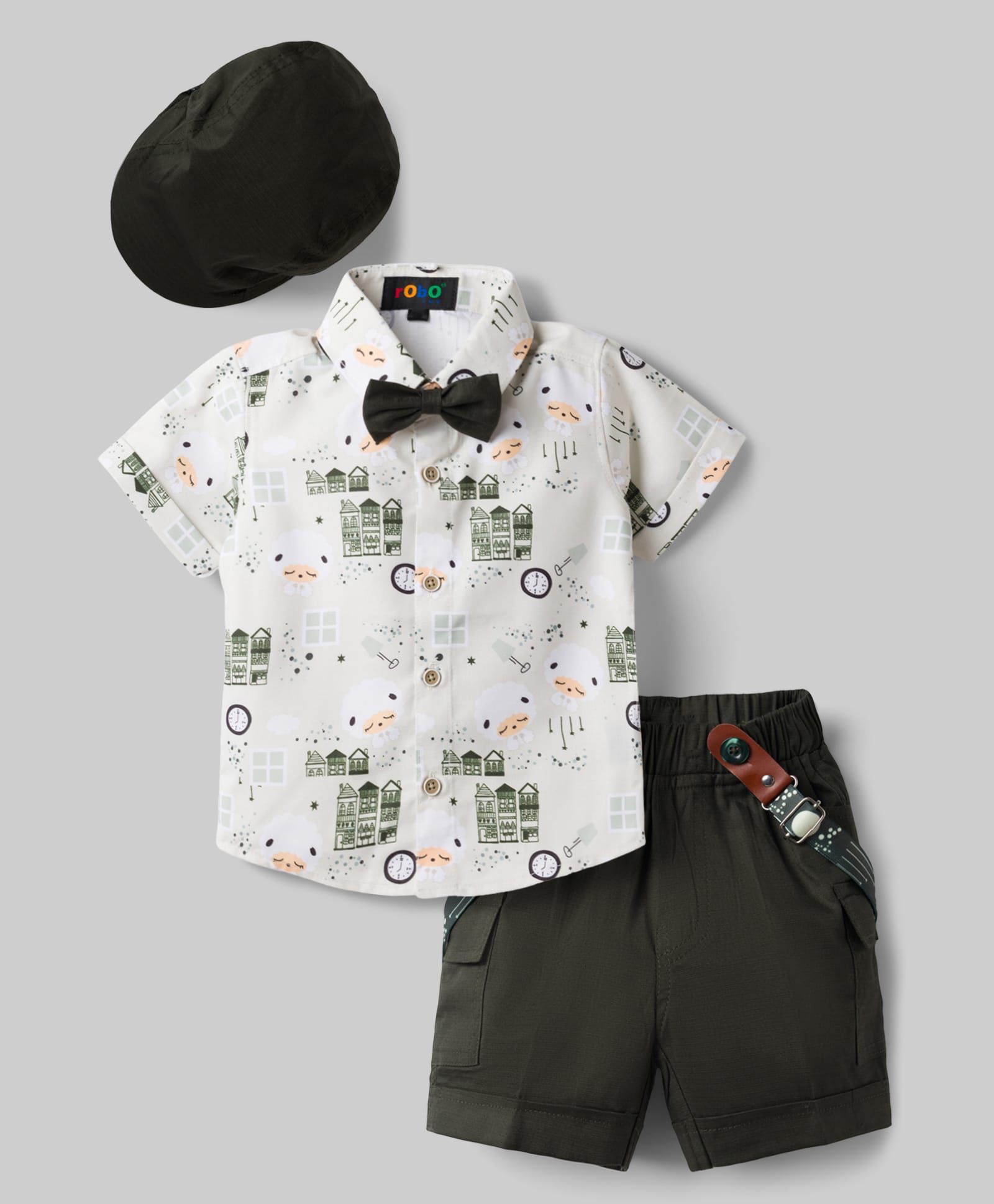 Robo Fry Cotton Woven Half Sleeves Sheep Printed Shirt & Shorts Set With Suspender Bow & Cap - Green-image-10