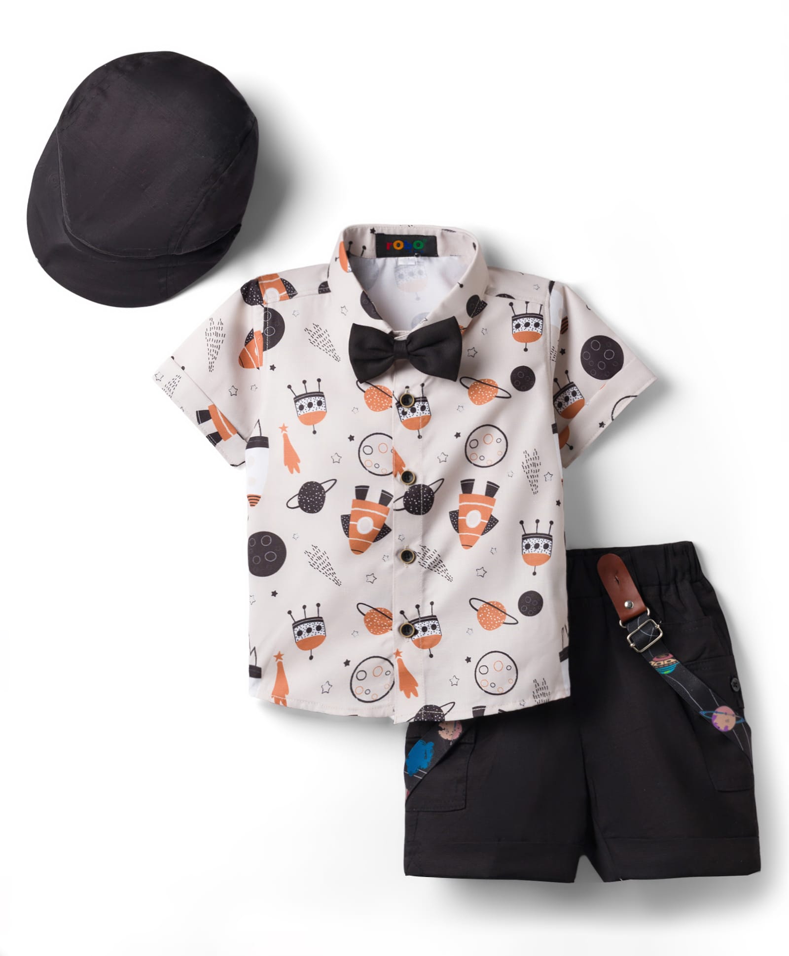 Robo Fry Cotton Woven Half Sleeves Space Theme Printed Shirt & Shorts Set With Suspender Bow & Cap - Peach-picture-21