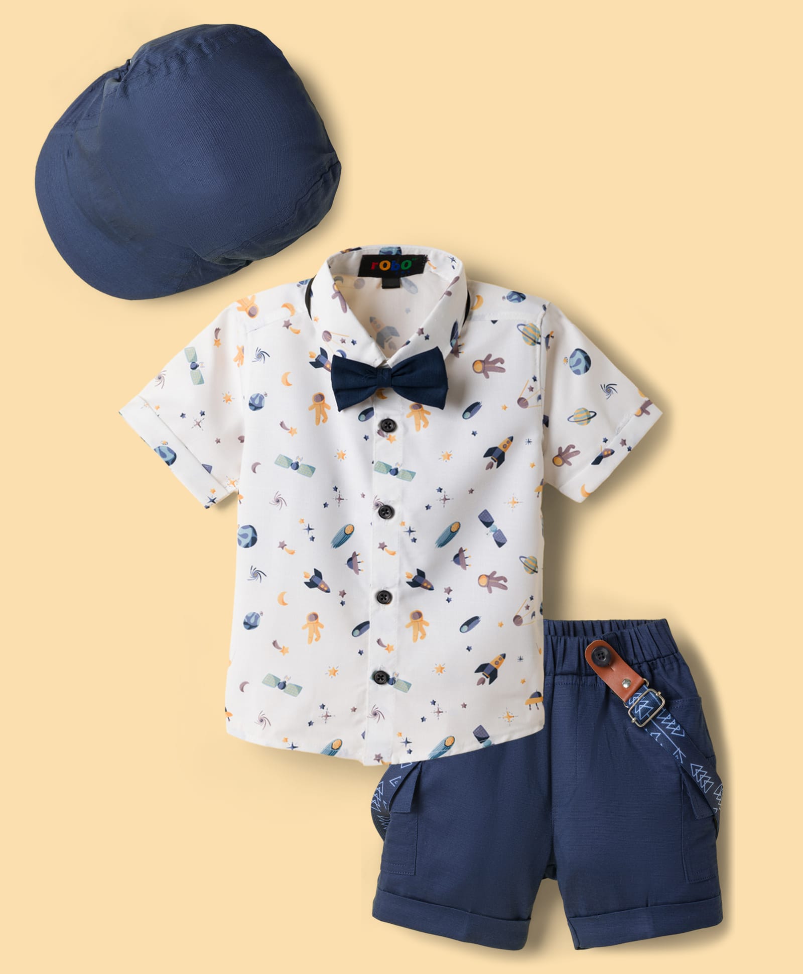Robo Fry Cotton Woven Half Sleeves Space Theme Printed Shirt & Shorts Set With Suspender Bow & Cap - Navy Blue-image-12
