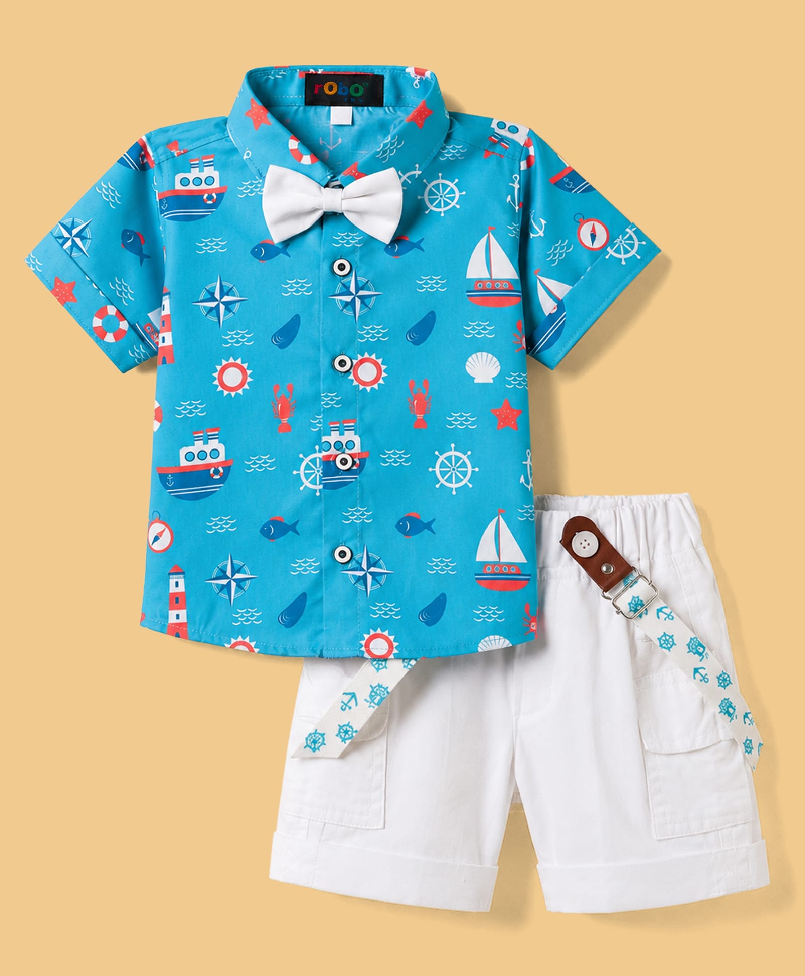 Robo Fry Cotton Woven Half Sleeves Nautical Theme Printed Shirt & Shorts Set With Suspender & Bow - Light Blue-image-14