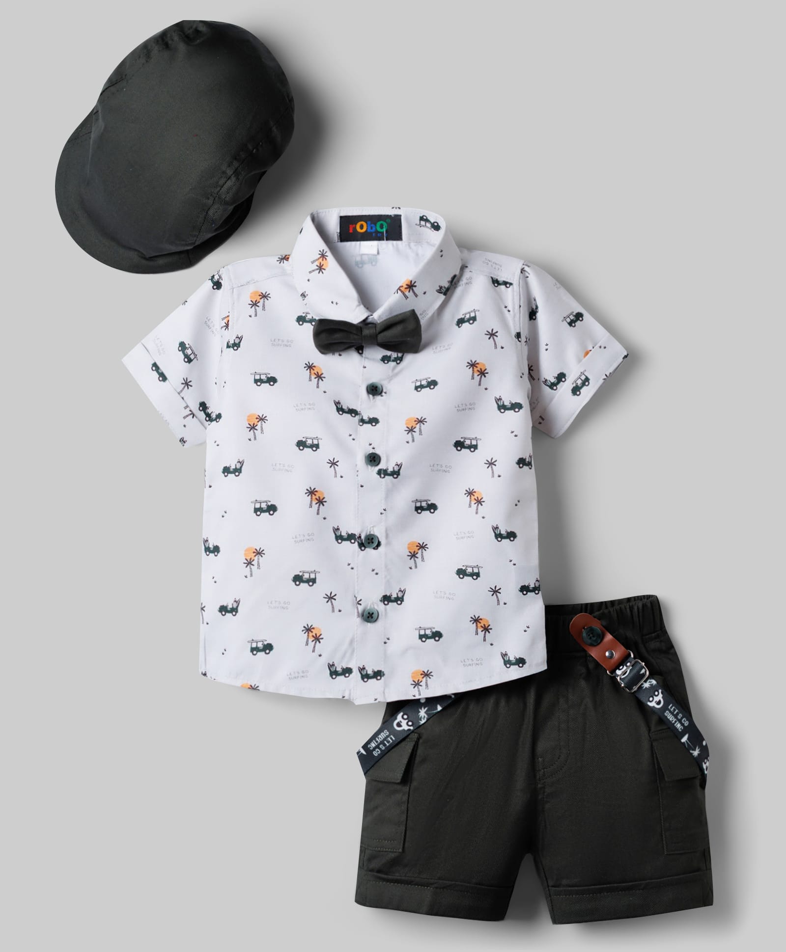 Robo Fry Cotton Woven Half Sleeves Vehicles Printed Shirt & Shorts Set With Suspender Bow & Cap - Cream-picture-6